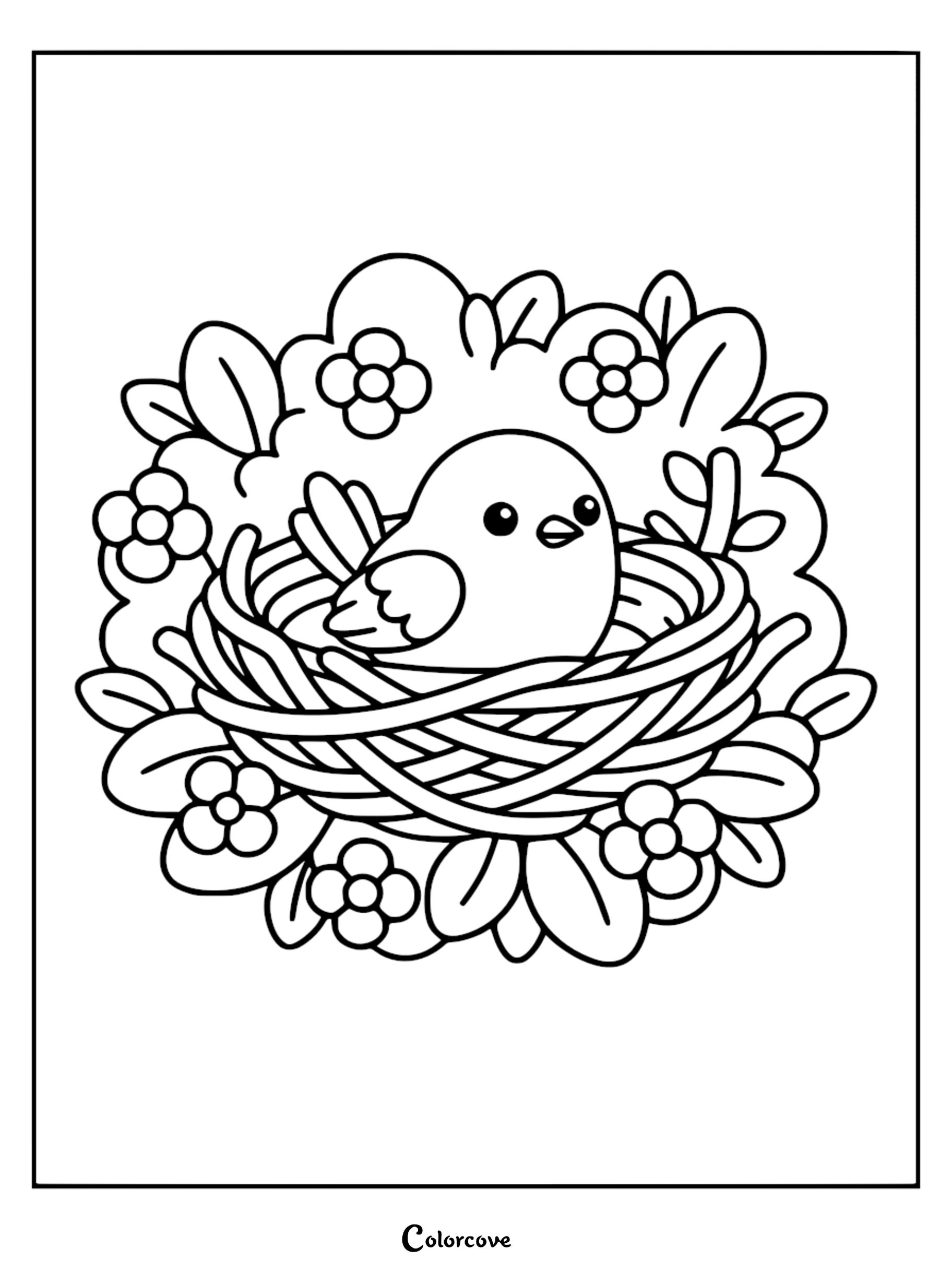 A cute baby bird with big eyes sits in a woven twig nest coloring page surrounded by blooming flowers and leafy bushes.