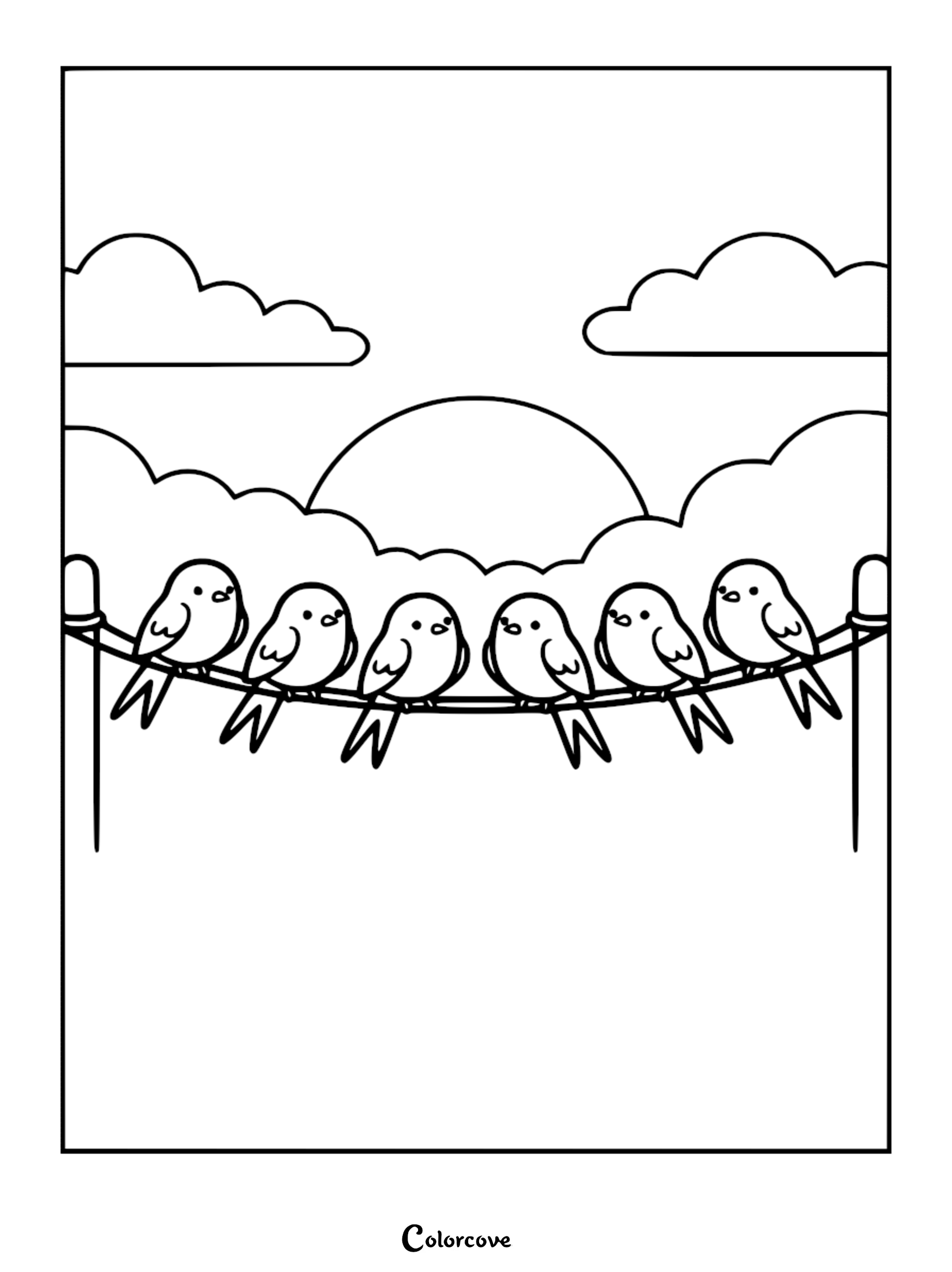 Detailed line art coloring page of six cute birds with pointed tails perched on a wire between two posts under a sun.