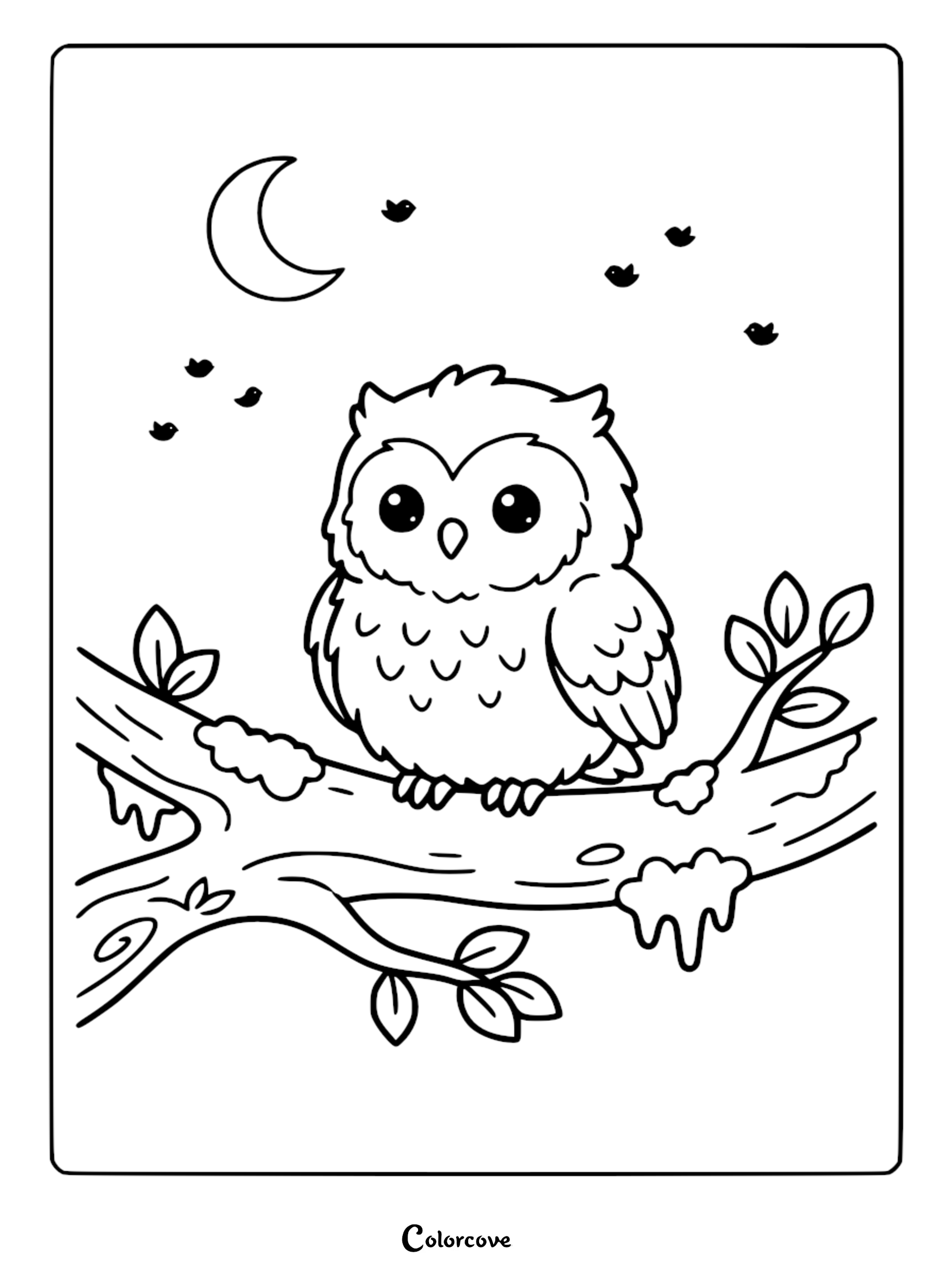 Detailed cute bird coloring page of a wide-eyed owl on a branch beneath a crescent moon and bird silhouettes.