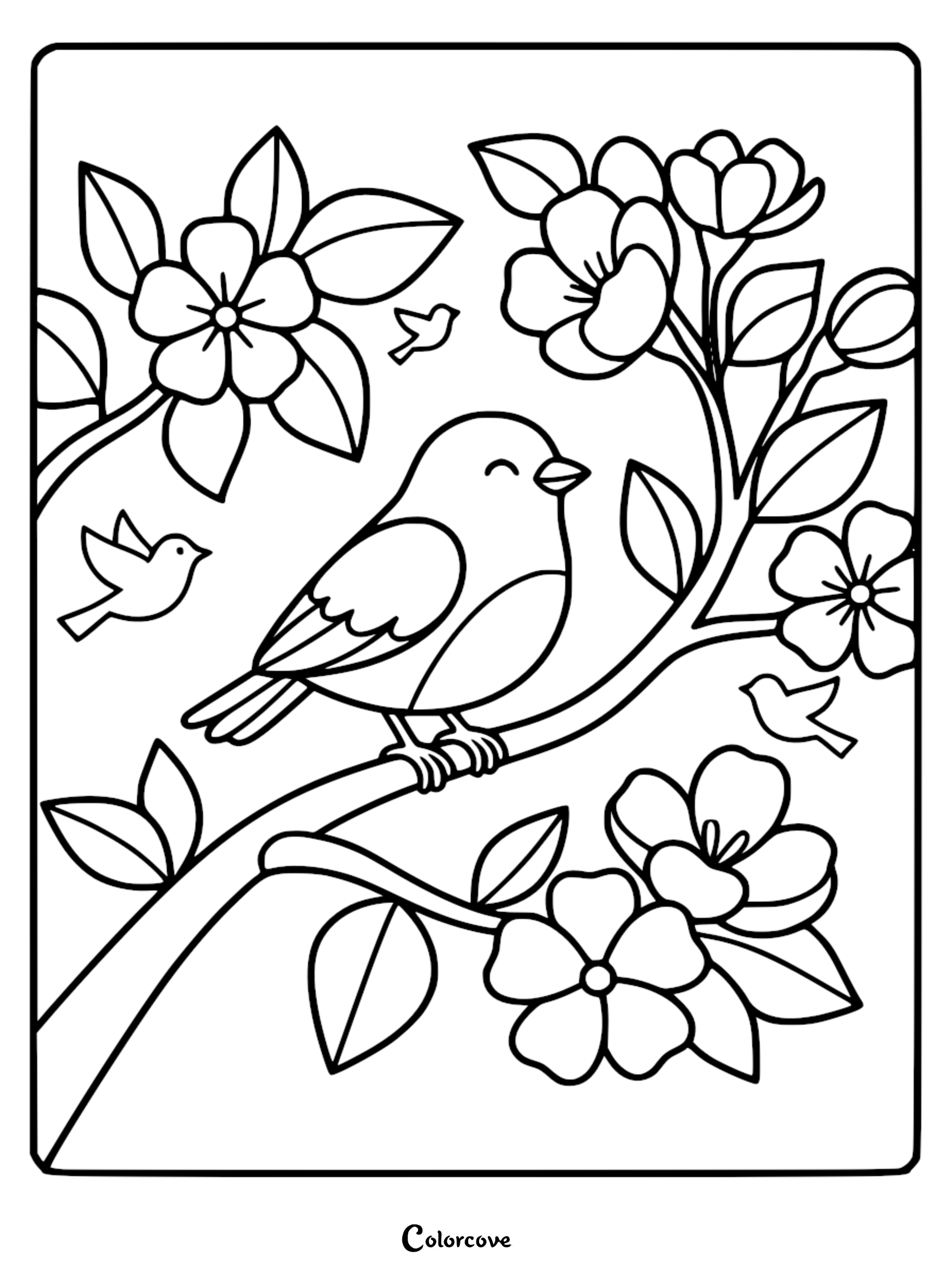 A cute bird coloring page featuring a small bird perched on a branch surrounded by large five-petaled flowers and tiny flying birds.