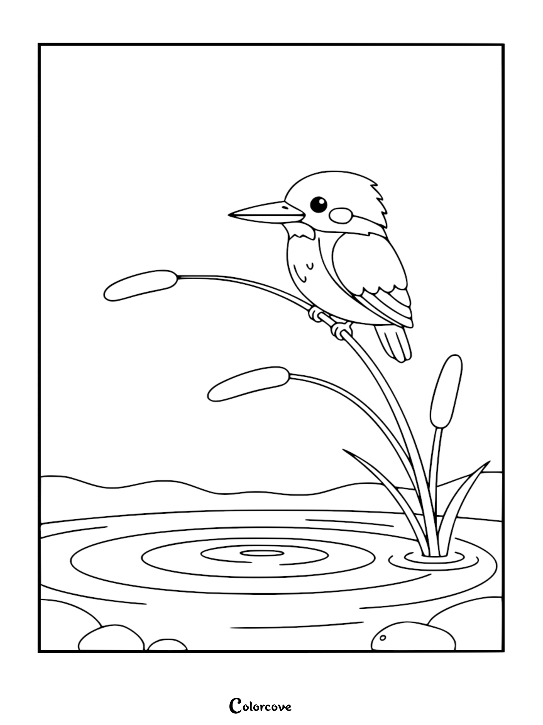 A detailed coloring page of a cute kingfisher bird perched on a curved cattail reed above a rippling garden pond.