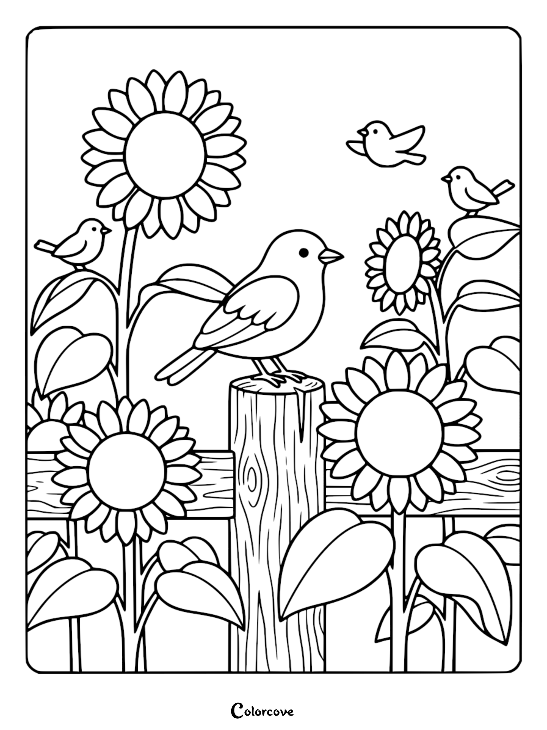 A detailed line art coloring page featuring a chubby bird perched on a wooden fence post in a garden of blooming sunflowers with smaller birds nearby.