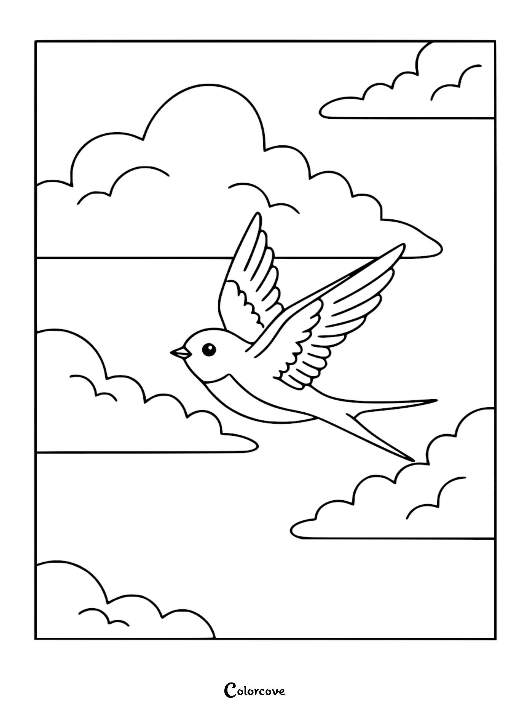 A detailed line art coloring page of a cute swallow flying through a sky filled with large fluffy clouds.