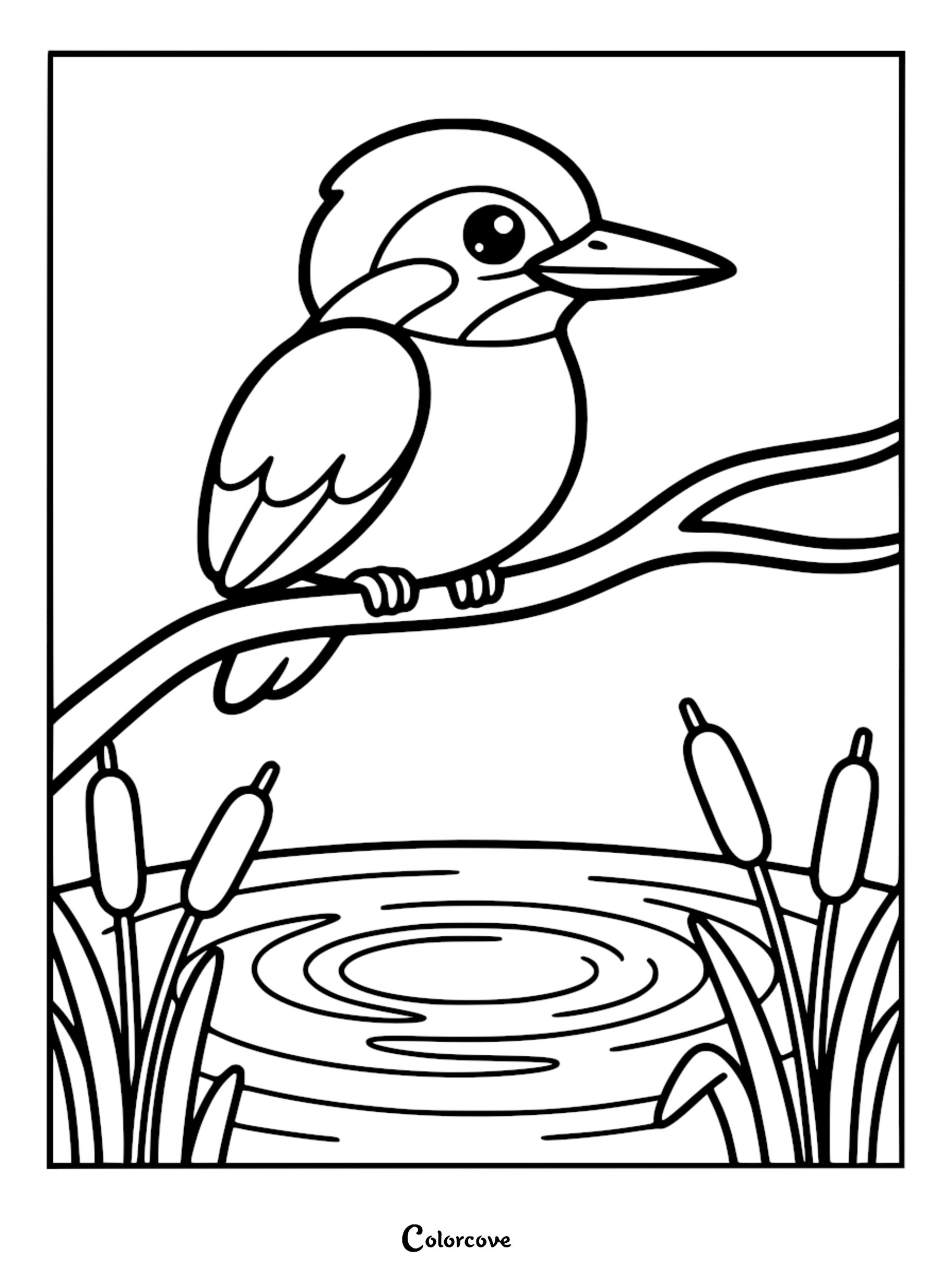 Cute bird coloring page featuring a kingfisher with a large beak perched on a branch over a pond with cattails.