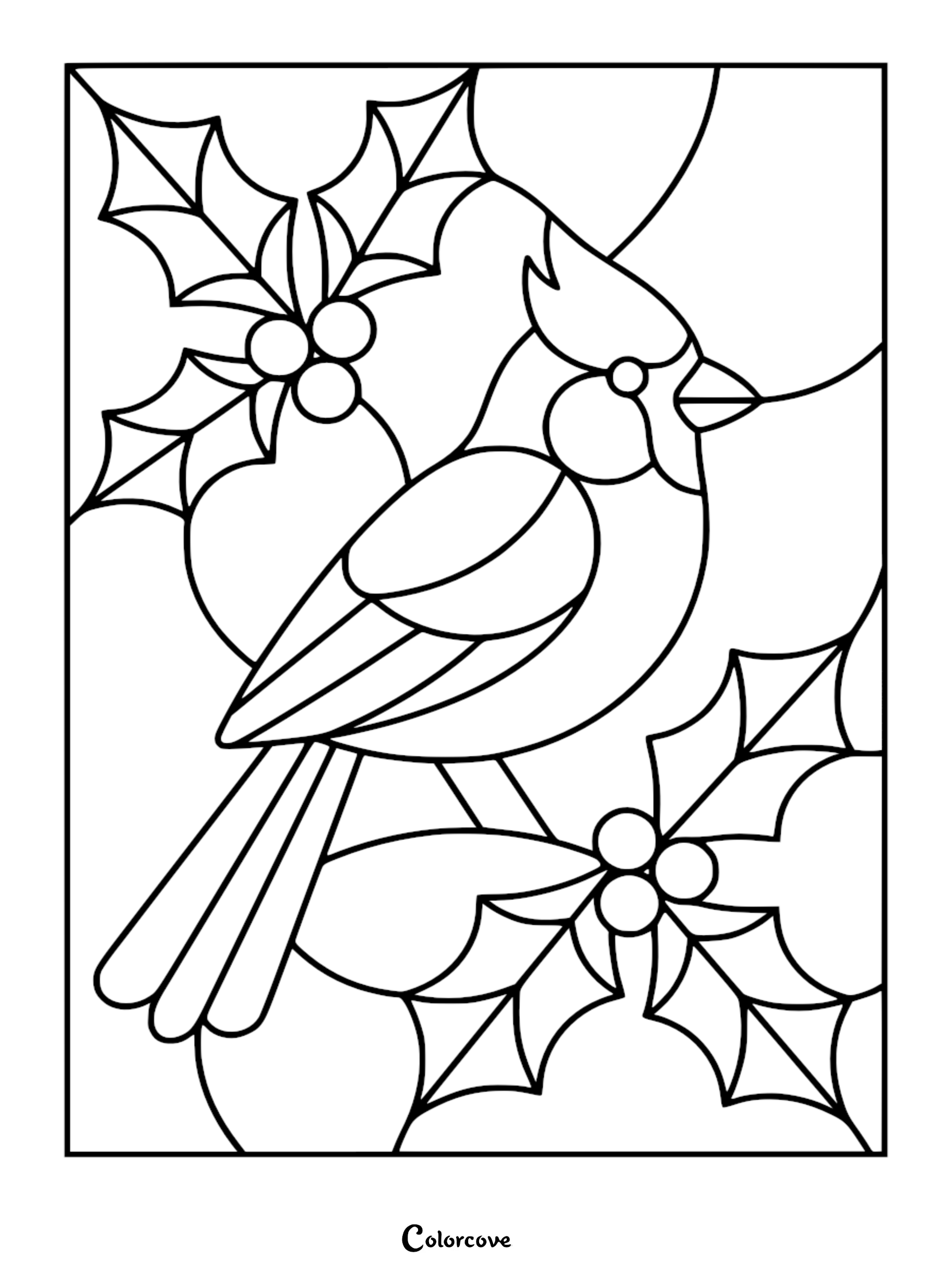 Intricate stained glass style coloring page of a cardinal bird surrounded by sharp holly leaves and clusters of berries.