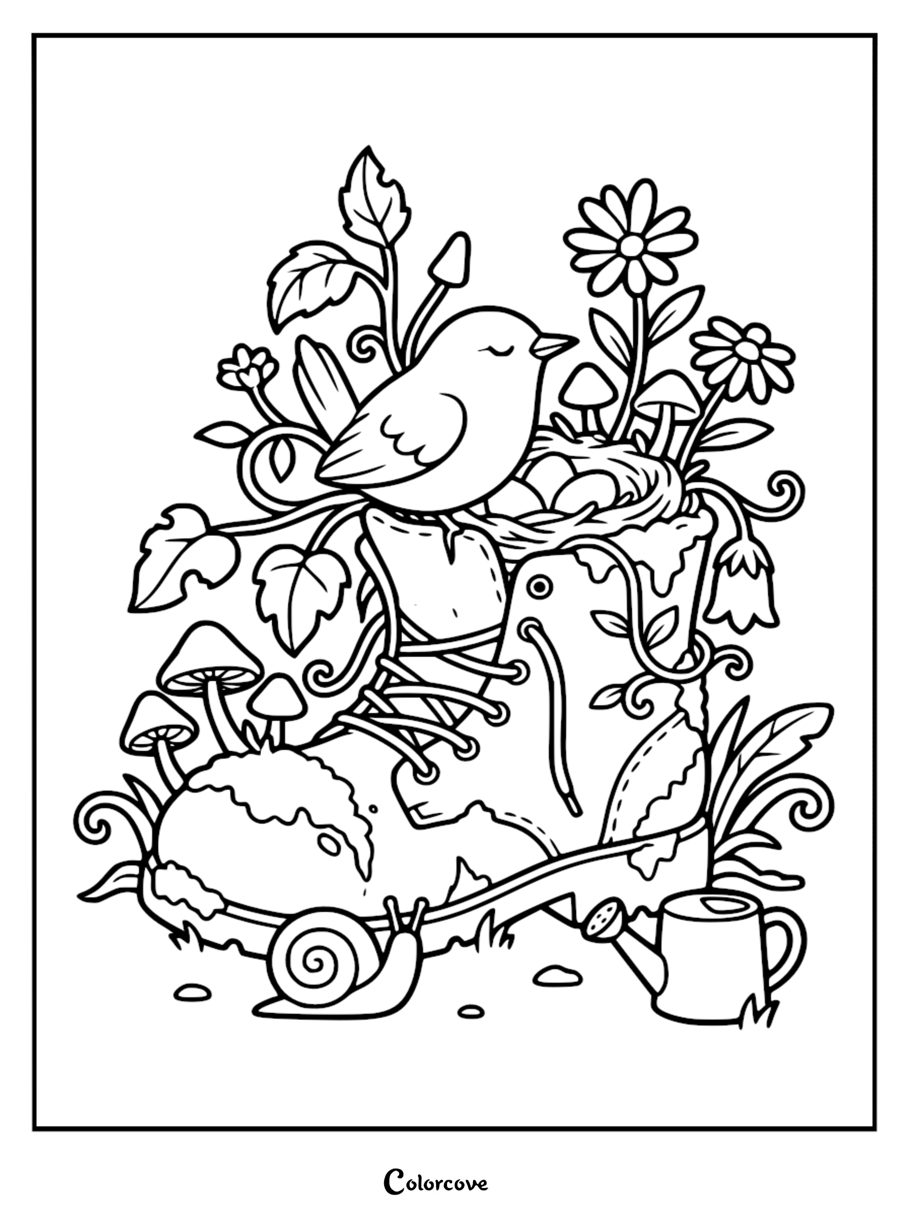 Detailed coloring page featuring a cute bird perched on a vintage boot with a nest, eggs, mushrooms, and garden snails.