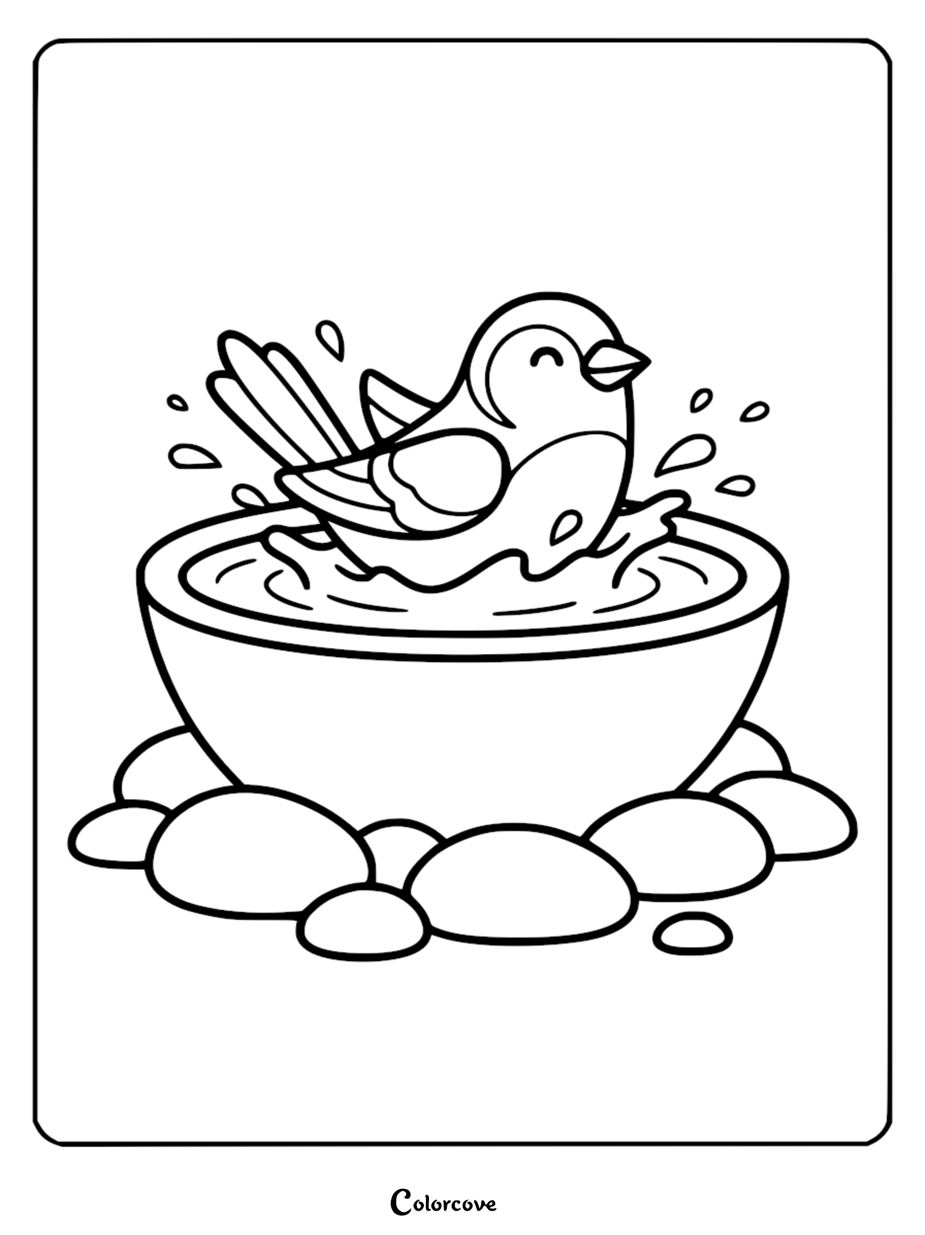 Detailed line art coloring page of a happy bird splashing water droplets in a shallow bowl birdbath resting on river rocks.