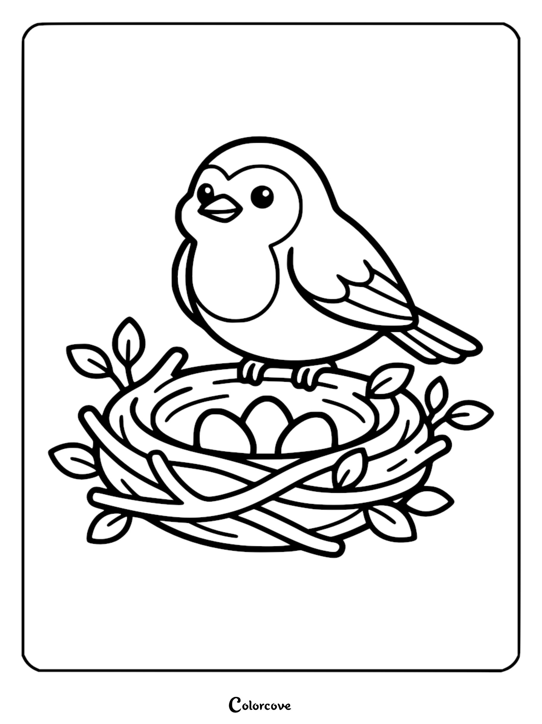 Cute bird coloring page featuring a small songbird perched on a twig nest with three eggs and tiny leaves.