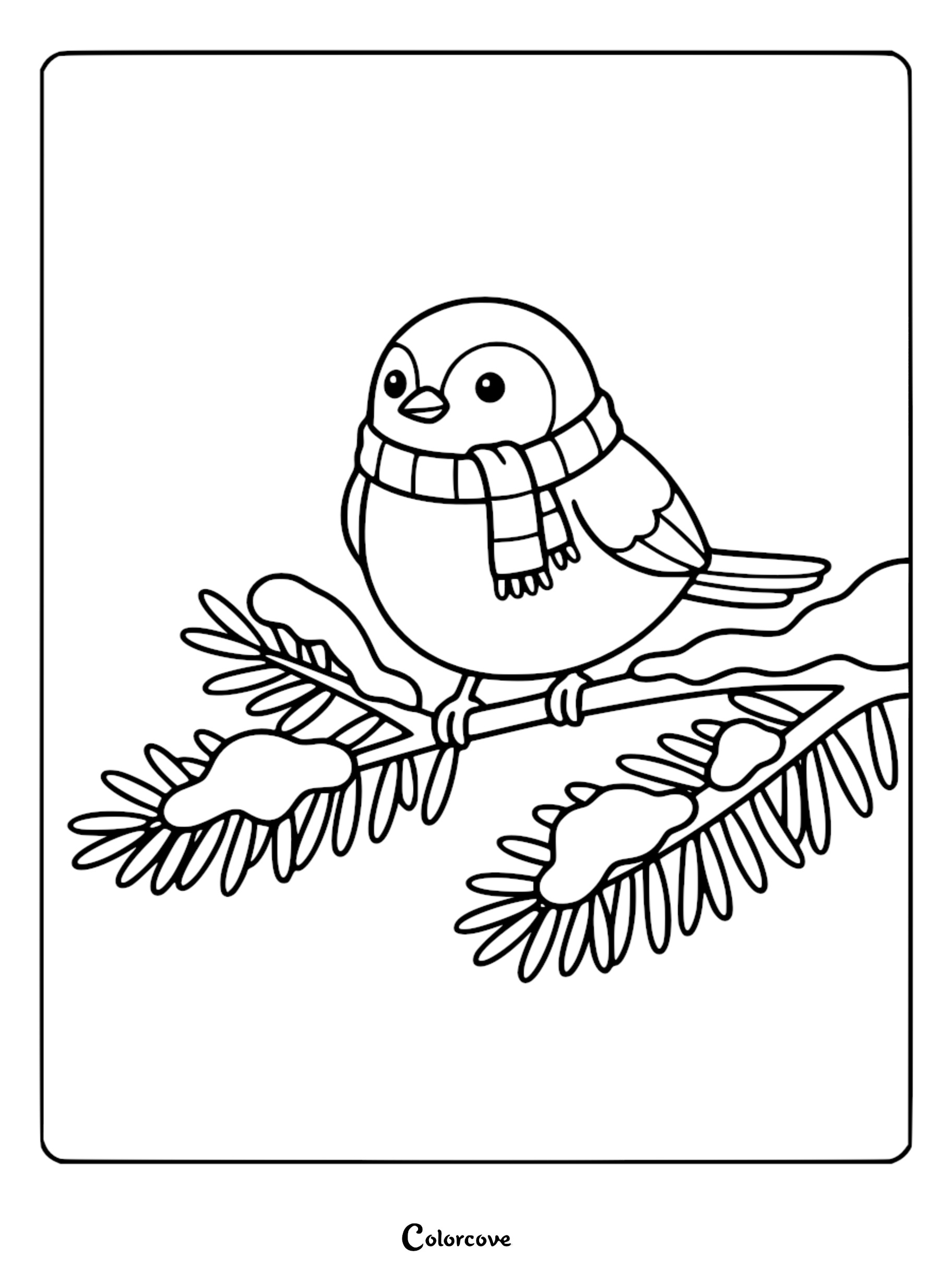 A round cartoon bird wearing a striped scarf perches on a snowy pine branch in this winter coloring page.