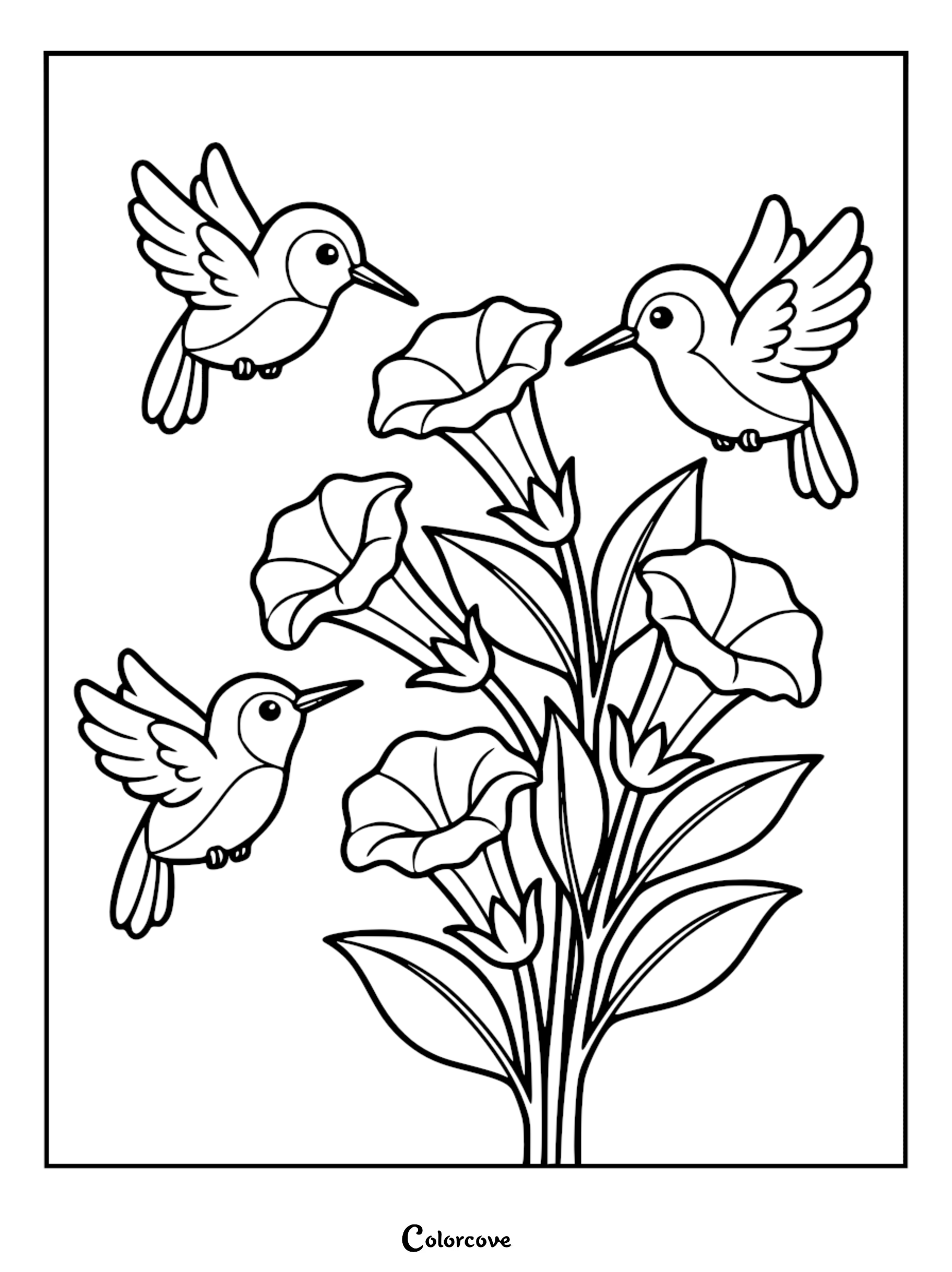A detailed cute hummingbirds and trumpet flowers coloring page featuring three cartoon birds hovering around long-stemmed blossoms and leaves in black line art.