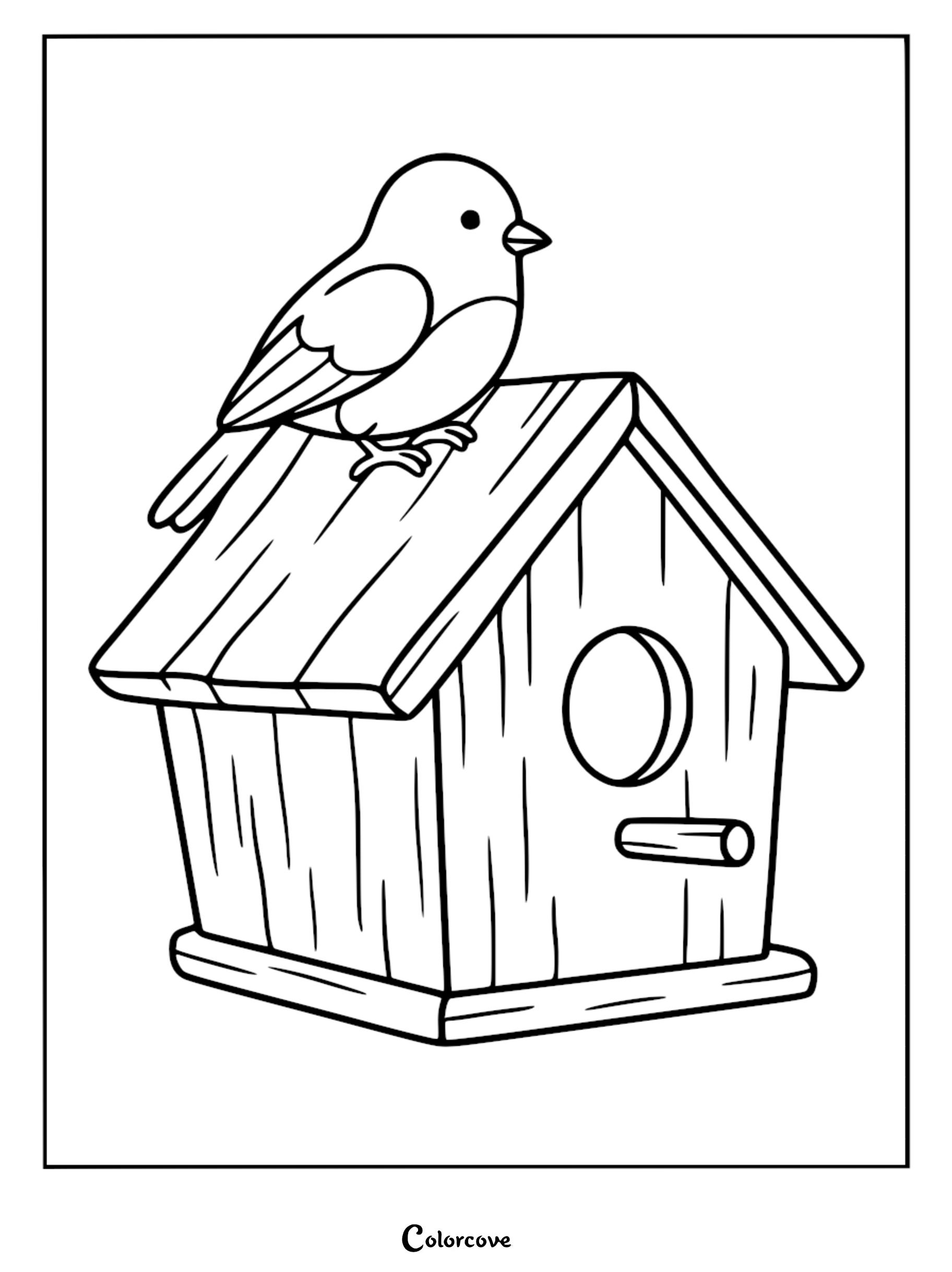 Line art coloring page of a small cute bird perched on the sloped wooden roof of a birdhouse with a circular entrance.