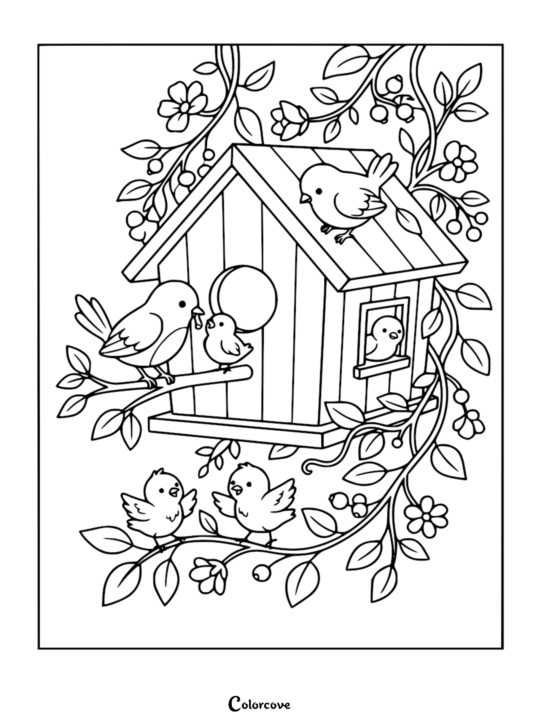 Detailed coloring page featuring a mother bird feeding her chick on a branch outside a birdhouse surrounded by floral vines.
