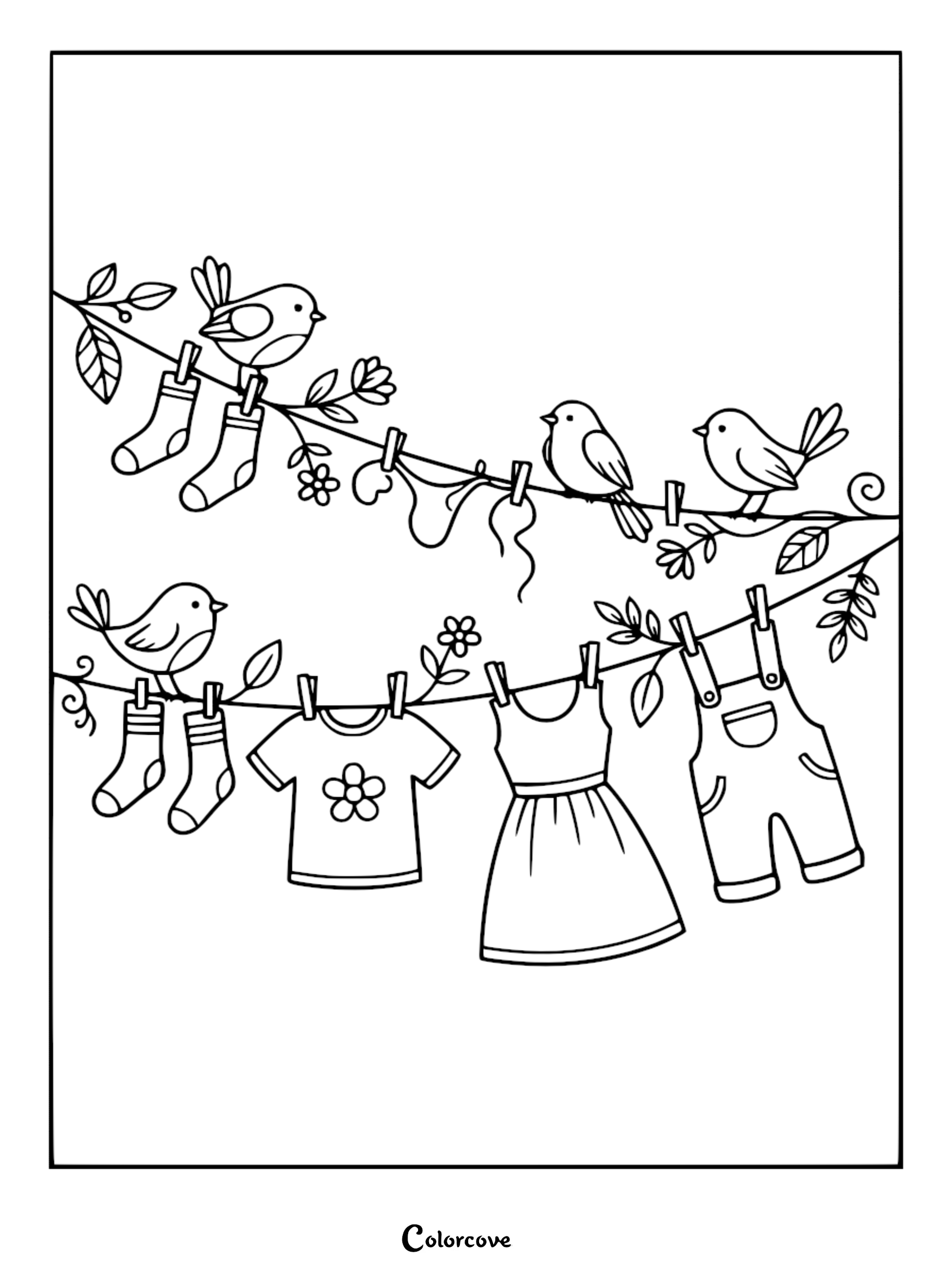Detailed coloring page of cute round birds perched on clotheslines with hanging socks, a flower t-shirt, dress, and overalls.