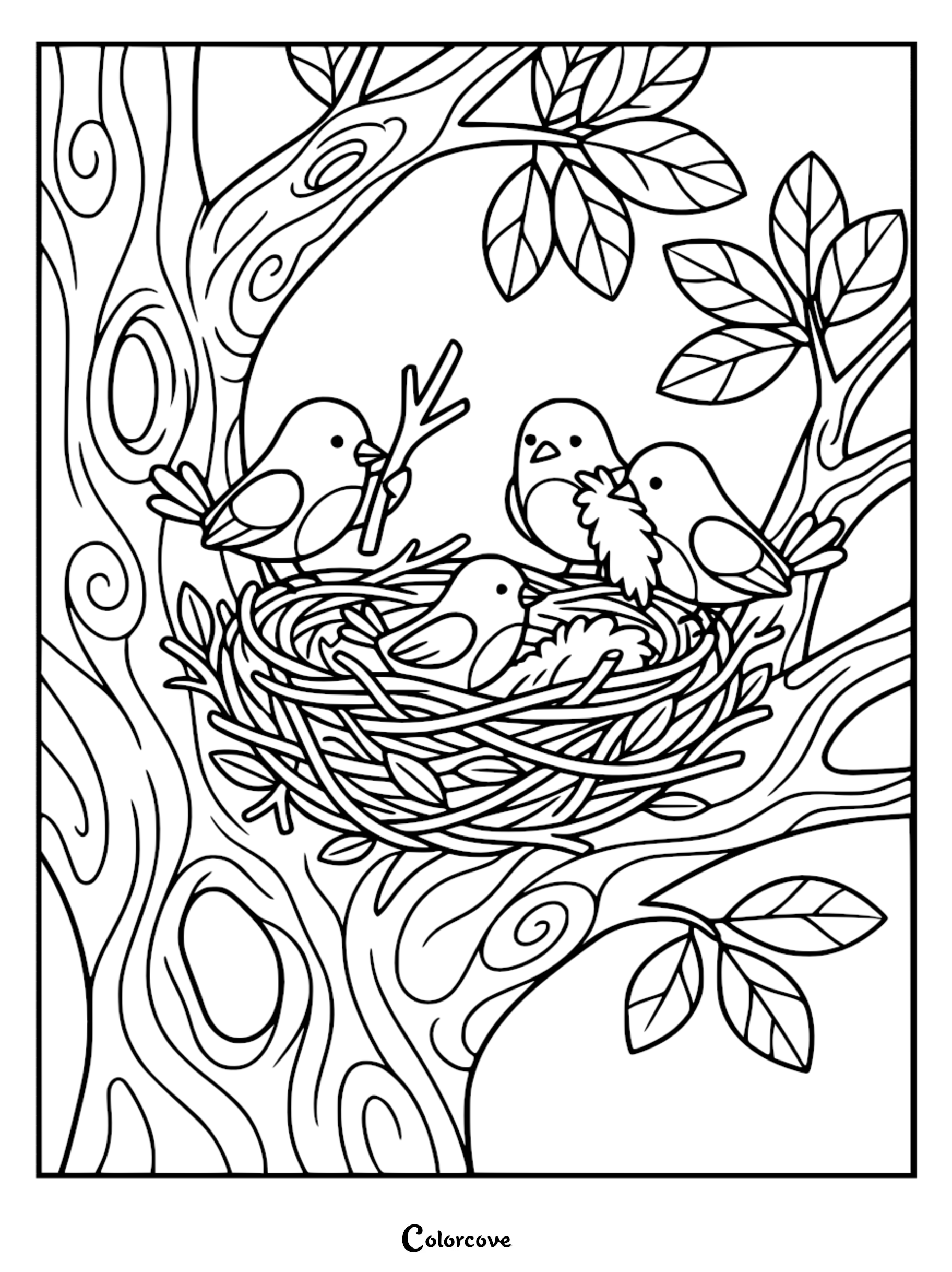 A detailed line art coloring page showing four small, cute birds building a nest in a large tree with swirly bark, featuring one bird holding a twig and another a feather.