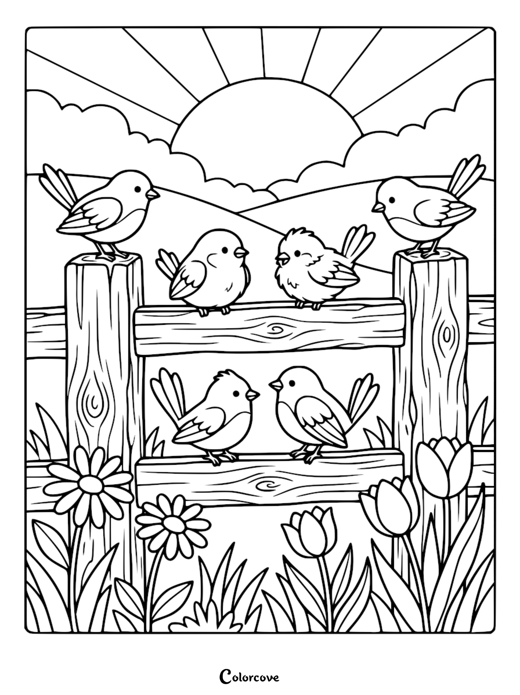 A detailed coloring page featuring six cute, round birds perched on a rustic wooden fence surrounded by daisies and tulips under a morning sun.
