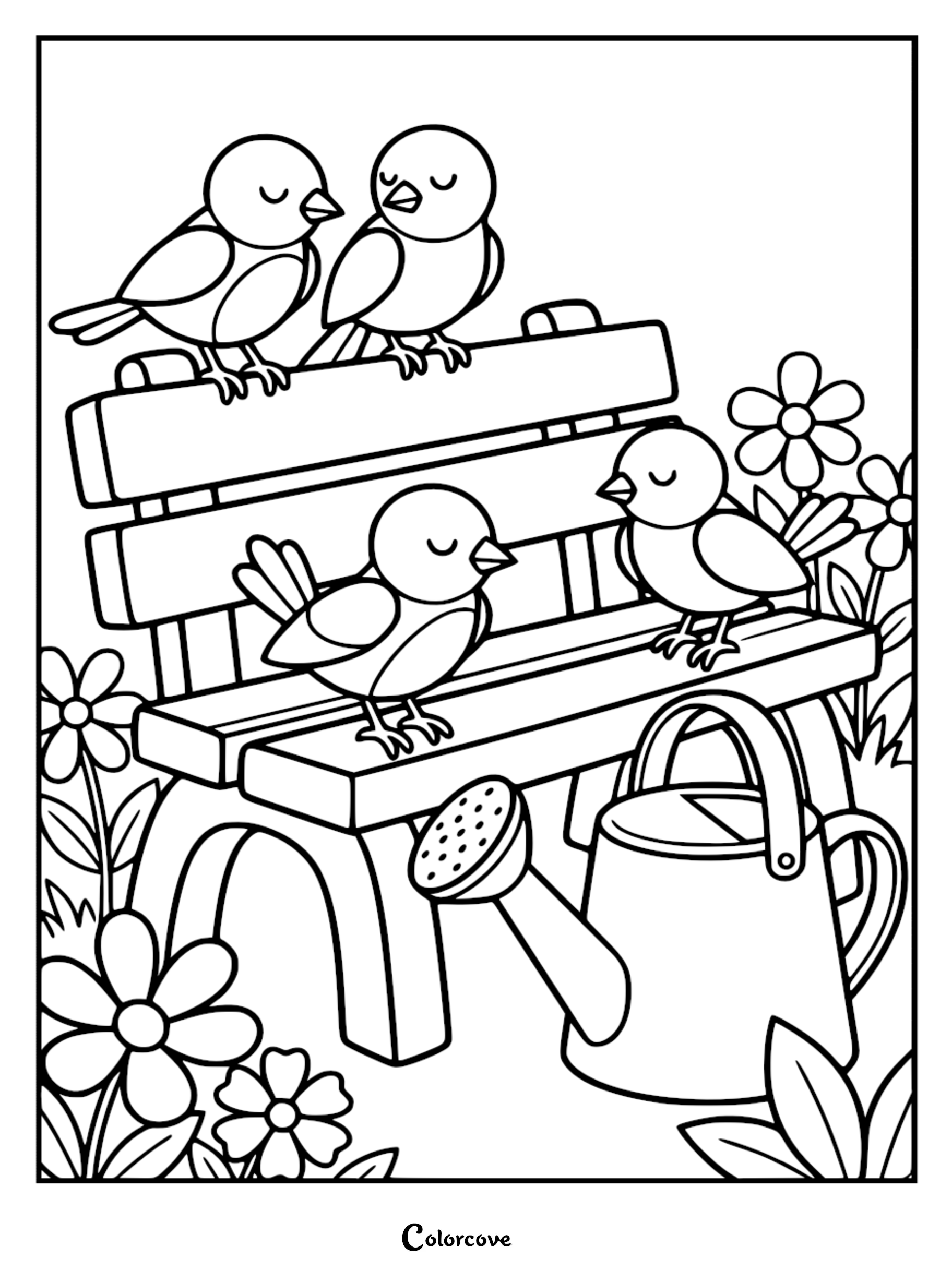 A detailed coloring page featuring four cute cartoon birds with closed eyes perched on a wooden garden bench beside a watering can and daisies.