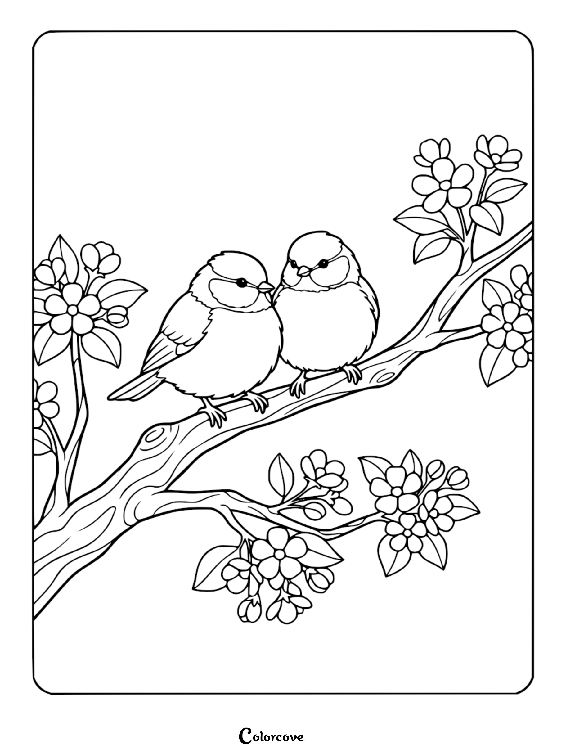 Black and white line art coloring page featuring two fluffy birds perched on a gnarled tree branch surrounded by five-petaled flowers and small buds.