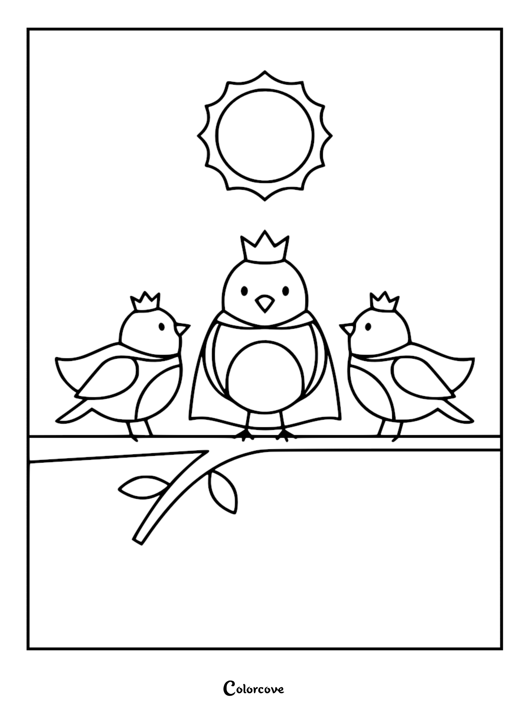 Simple line art coloring page of three cute birds wearing crowns and a cape perched on a branch under a sun.