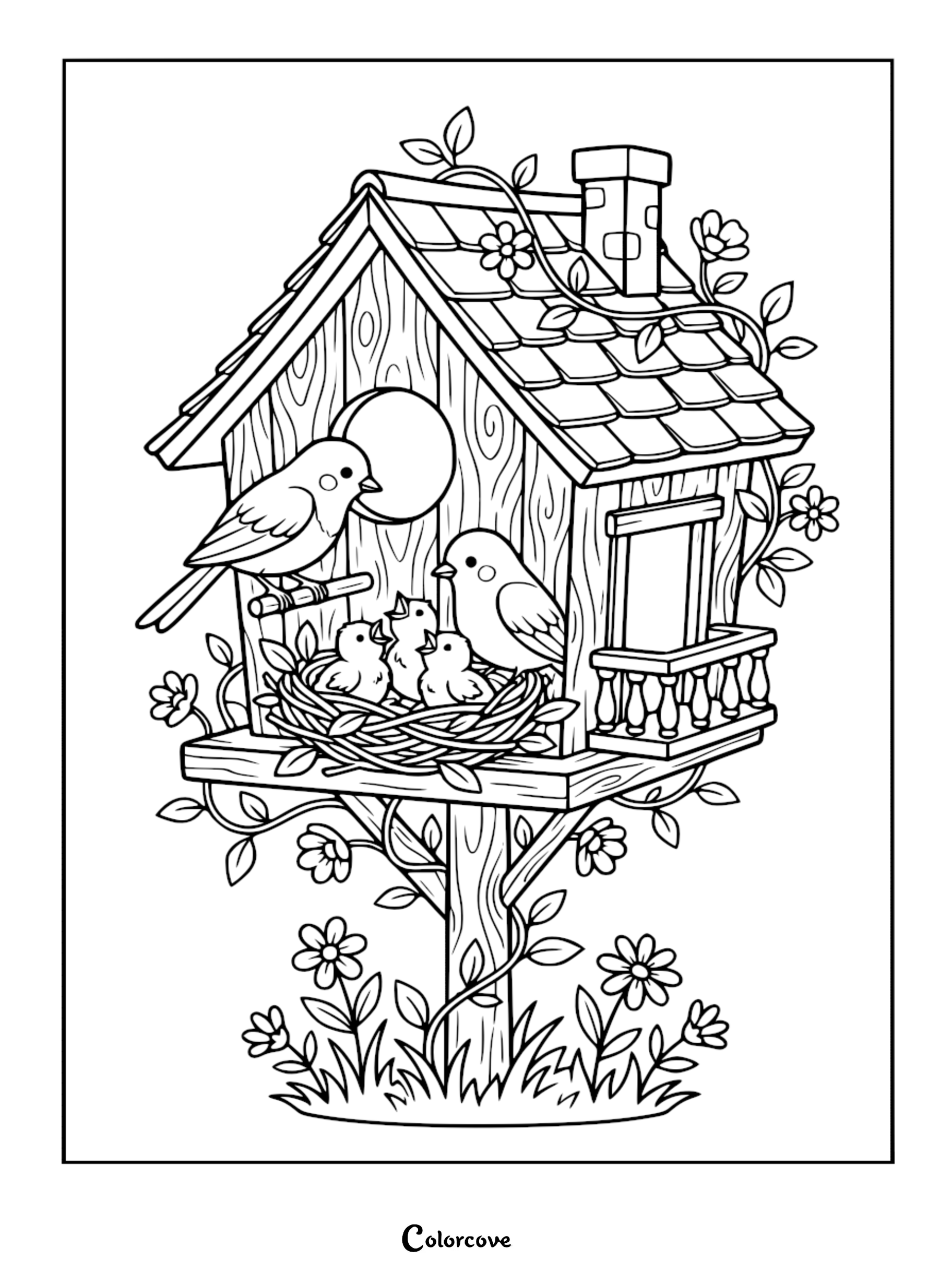Detailed line art coloring page of a wooden birdhouse with a shingled roof, chimney, and balcony, featuring two adult birds watching over three chicks in a nest surrounded by blooming flowers and leafy vines.