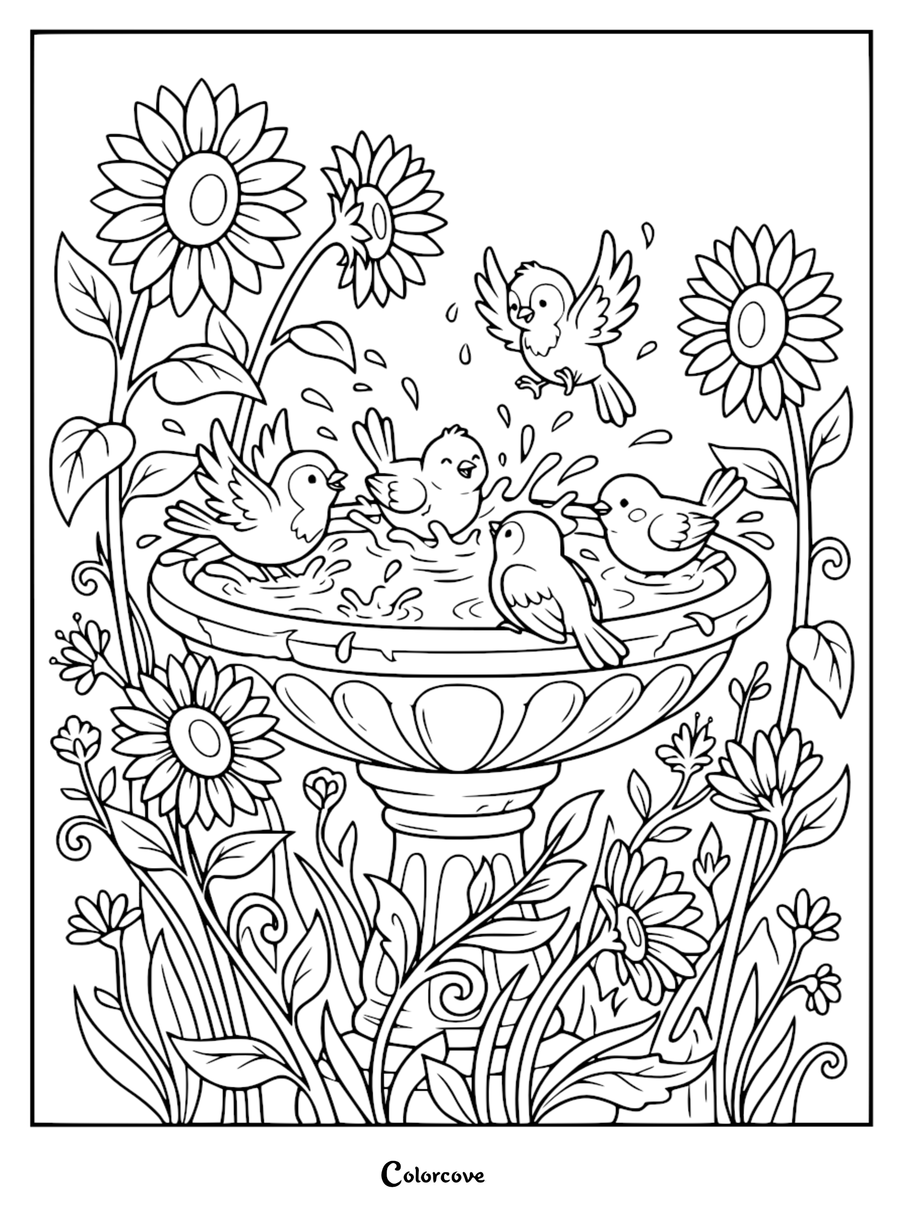 A detailed line art coloring page featuring five small birds splashing in a stone birdbath surrounded by blooming sunflowers and garden foliage.