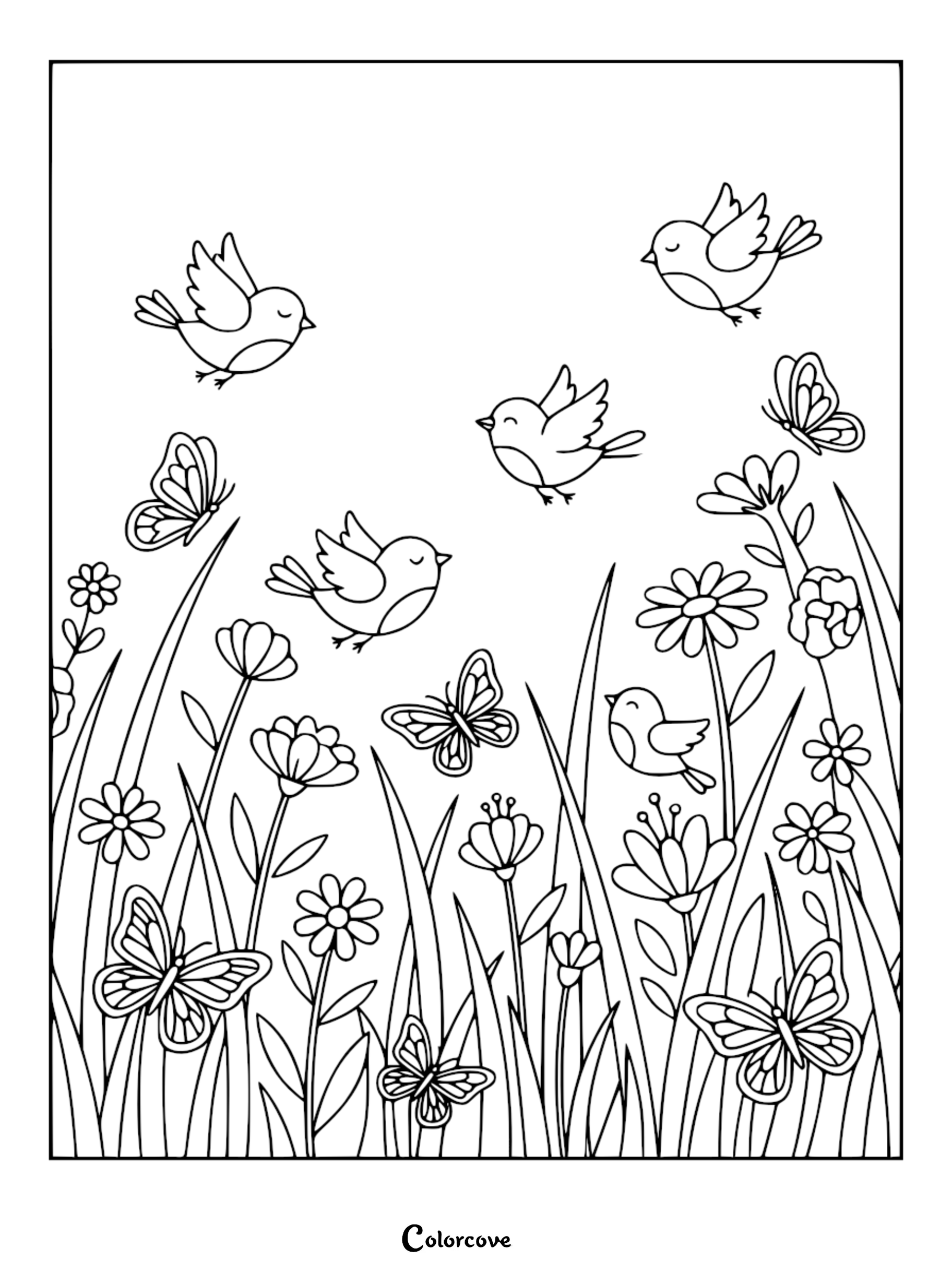 A detailed cute bird coloring page featuring five small birds flying and perching among tall grass, blooming daisies, and fluttering butterflies in a spring garden scene.