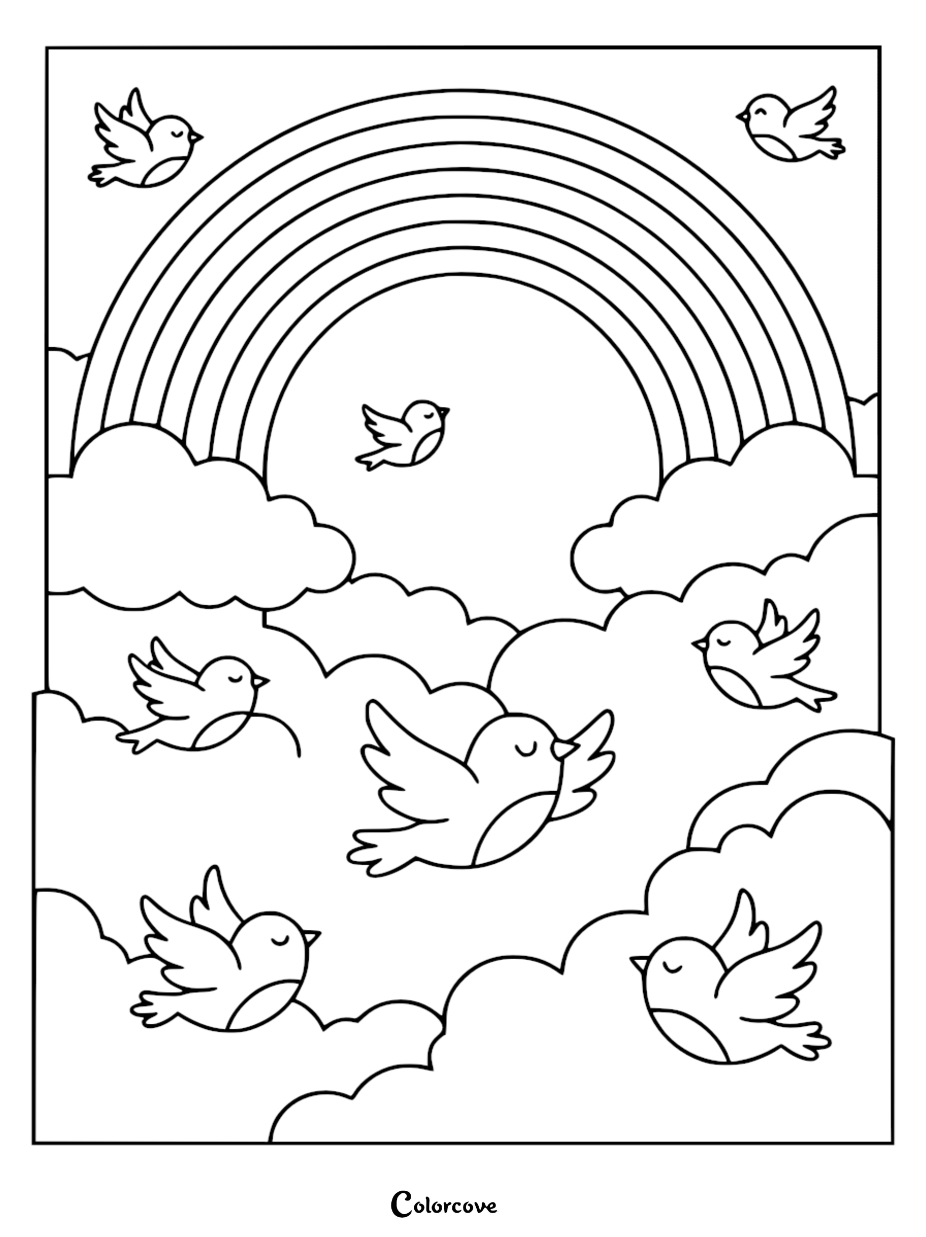 A detailed coloring page showing seven small birds with closed eyes flying between clouds and a large rainbow.