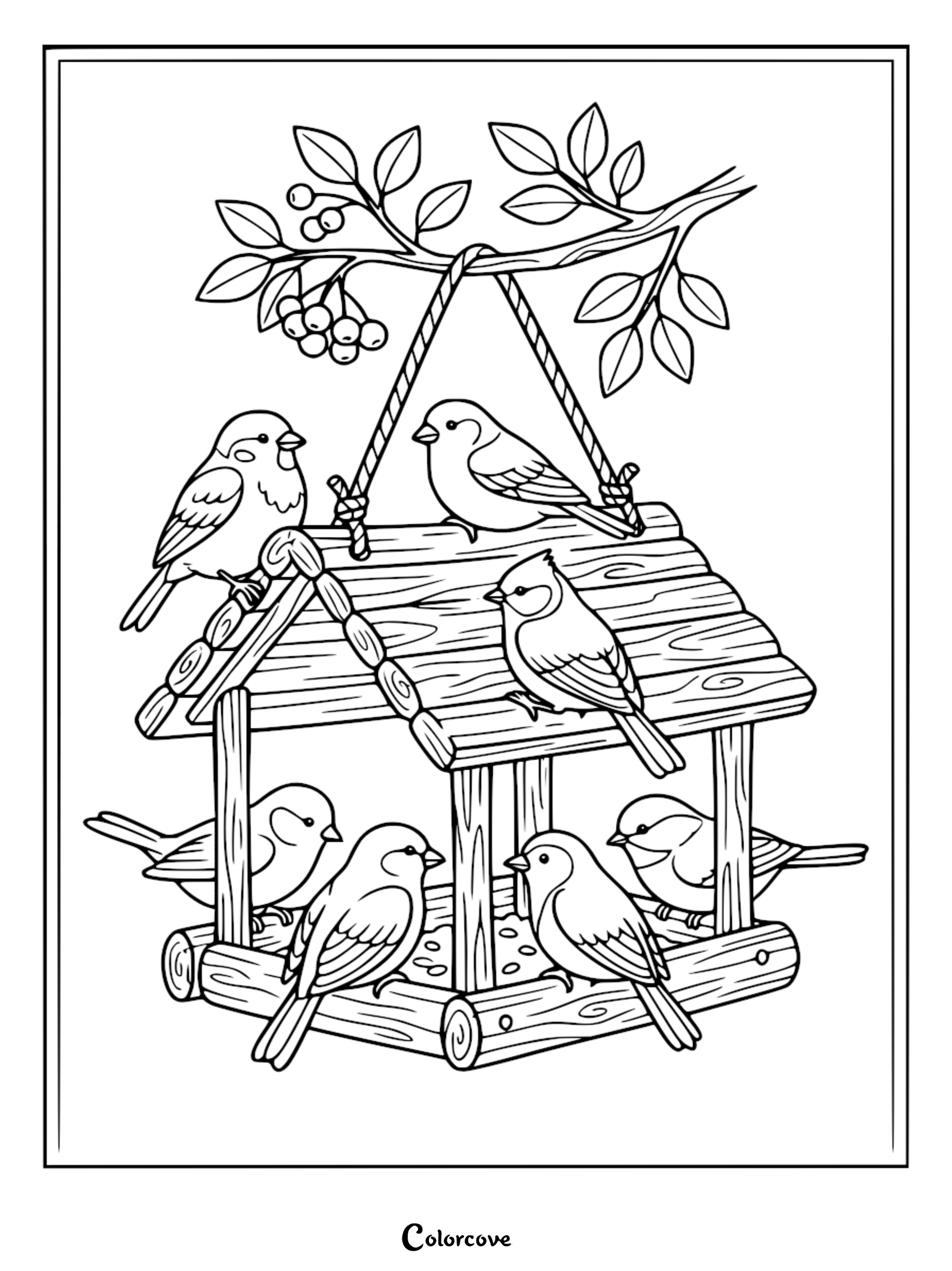Black and white coloring page of seven small birds visiting a rustic wooden bird feeder hanging from a leafy berry branch.