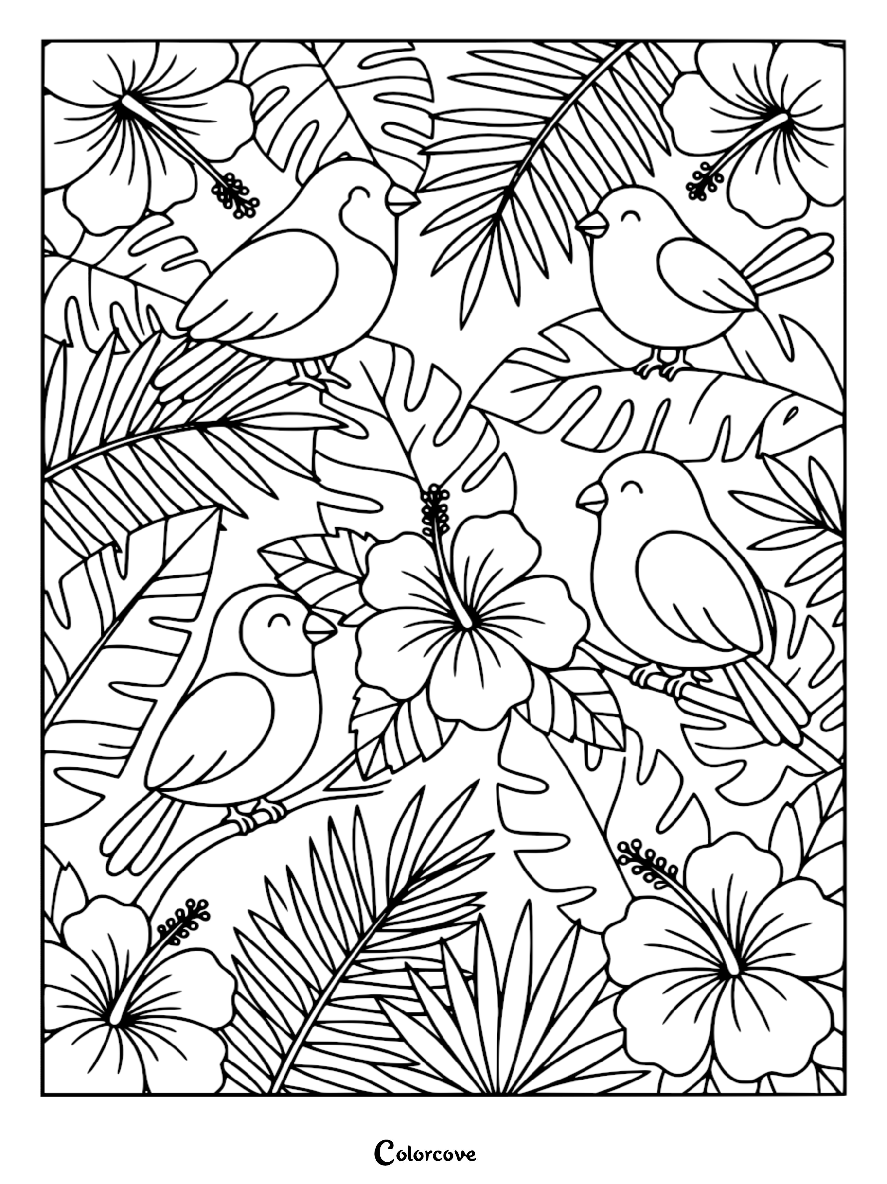Detailed cute bird coloring page featuring four small birds perched among hibiscus blossoms, monstera leaves, and palm fronds.