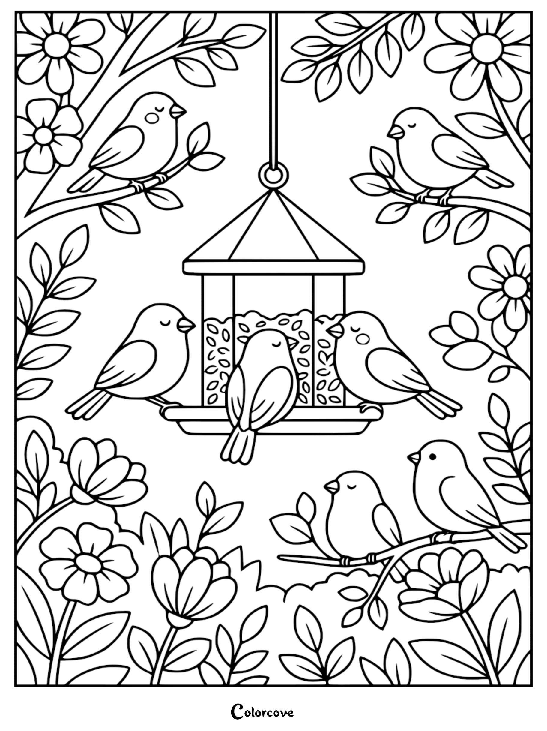 Intricate cute bird coloring page featuring seven small birds perched on a hanging feeder and tree branches surrounded by large flowers.