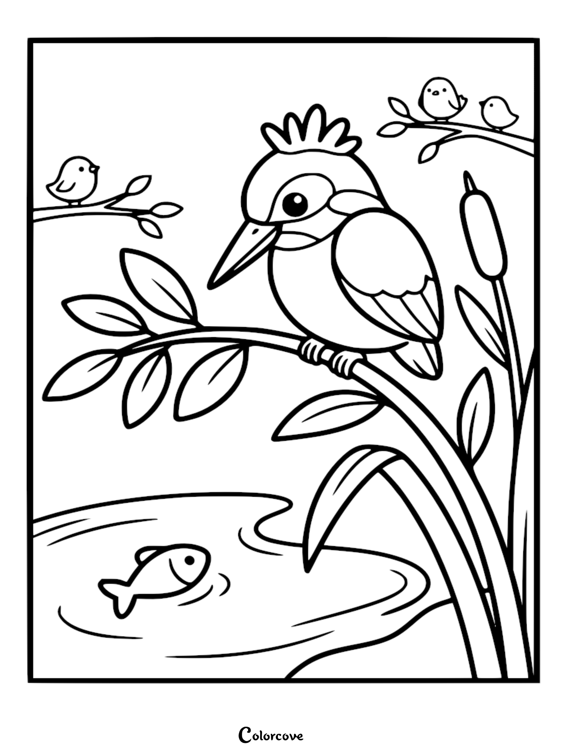 A detailed black and white coloring page featuring a cute kingfisher with a crest perched on a curved branch, overlooking a small fish swimming in a pond near cattails.