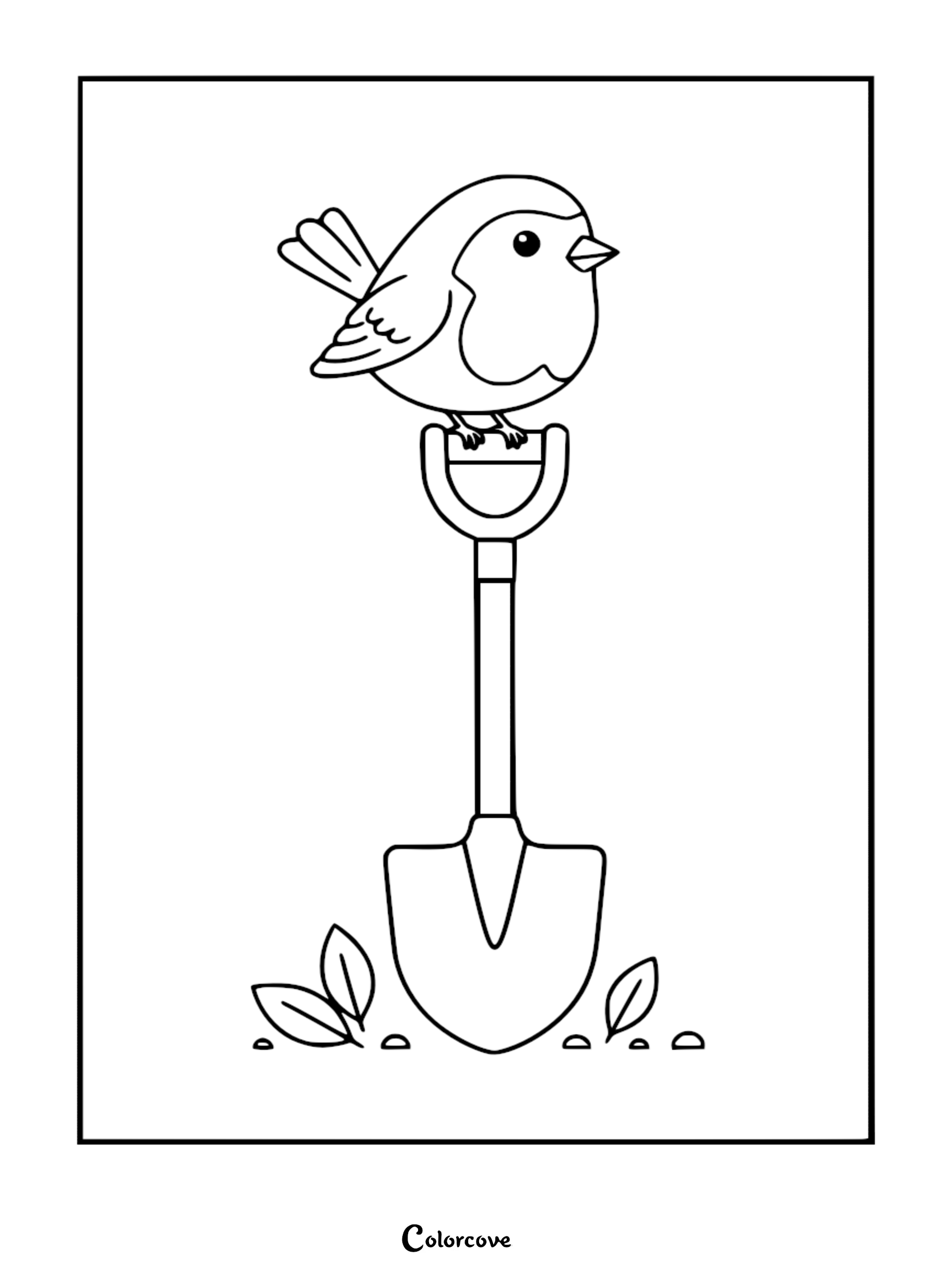 Detailed line art coloring page of a small, round bird perched on the handle of a garden shovel among leaves.