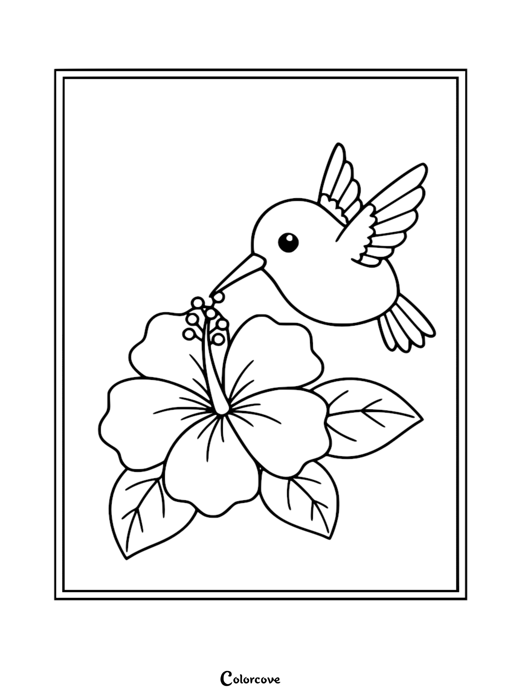 A cute cartoon hummingbird hovering over a large hibiscus flower with detailed petals and stamen. This coloring page features black and white line art with a simple rectangular border.