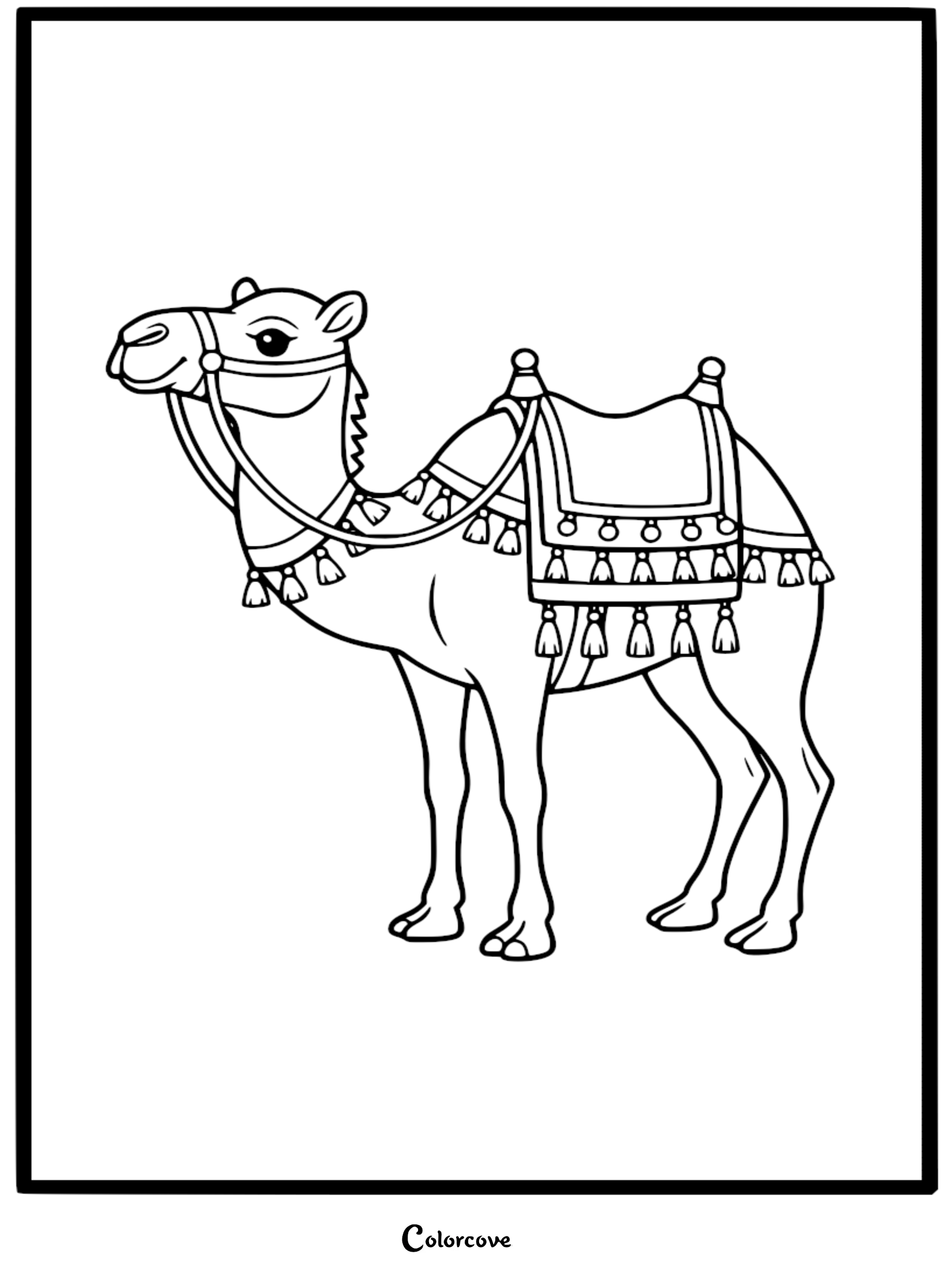Bring this desert dweller to life with our cute camel coloring page, featuring a friendly animal with a decorative saddle. This free printable is a perfect educational activity for kids to explore their creativity while learning about desert animals.