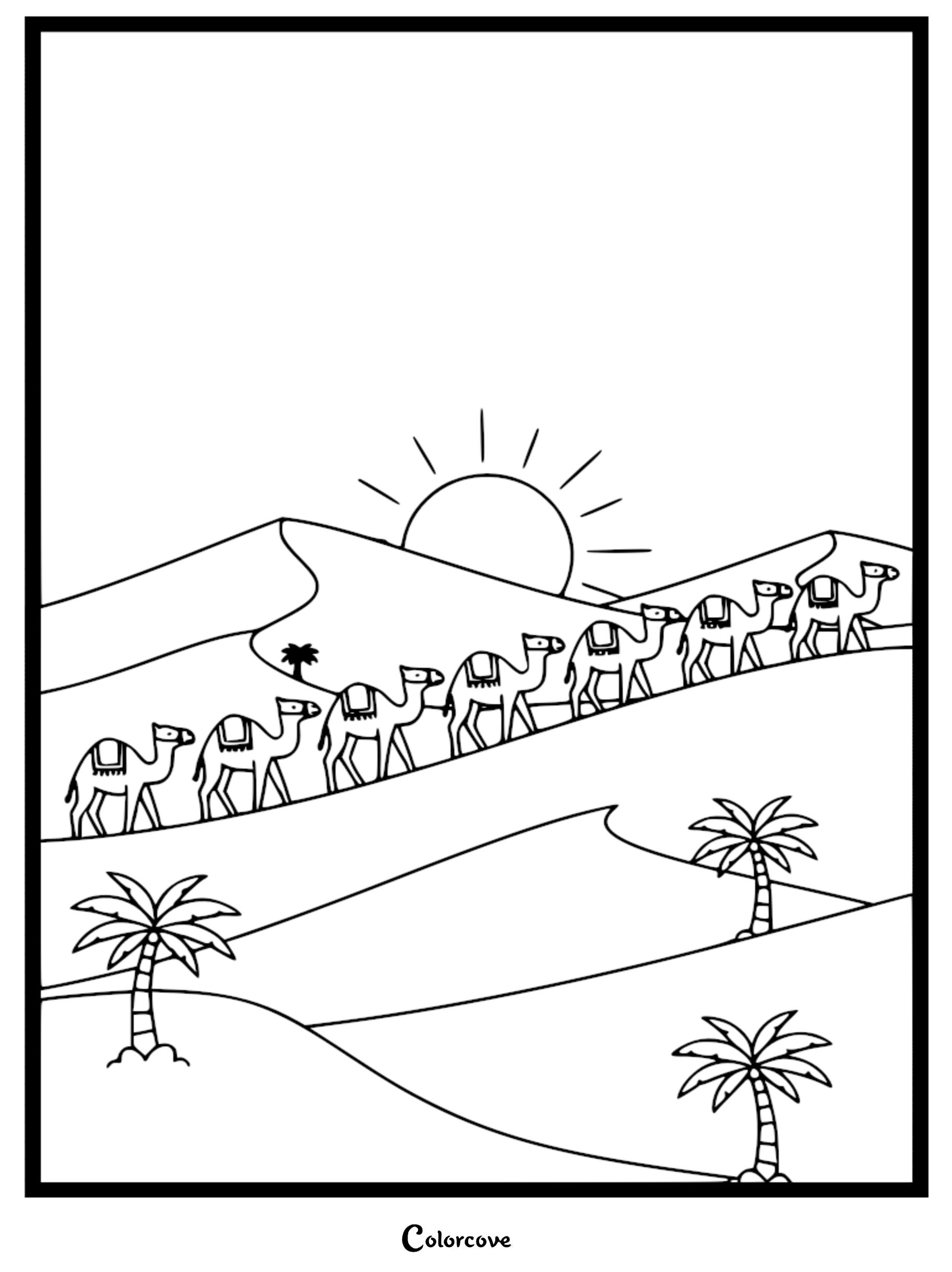 Explore the desert with this cute camel caravan coloring page featuring a scenic trek across sand dunes and palm trees. This free, printable activity is perfect for young artists to practice their creativity and learn about desert life.