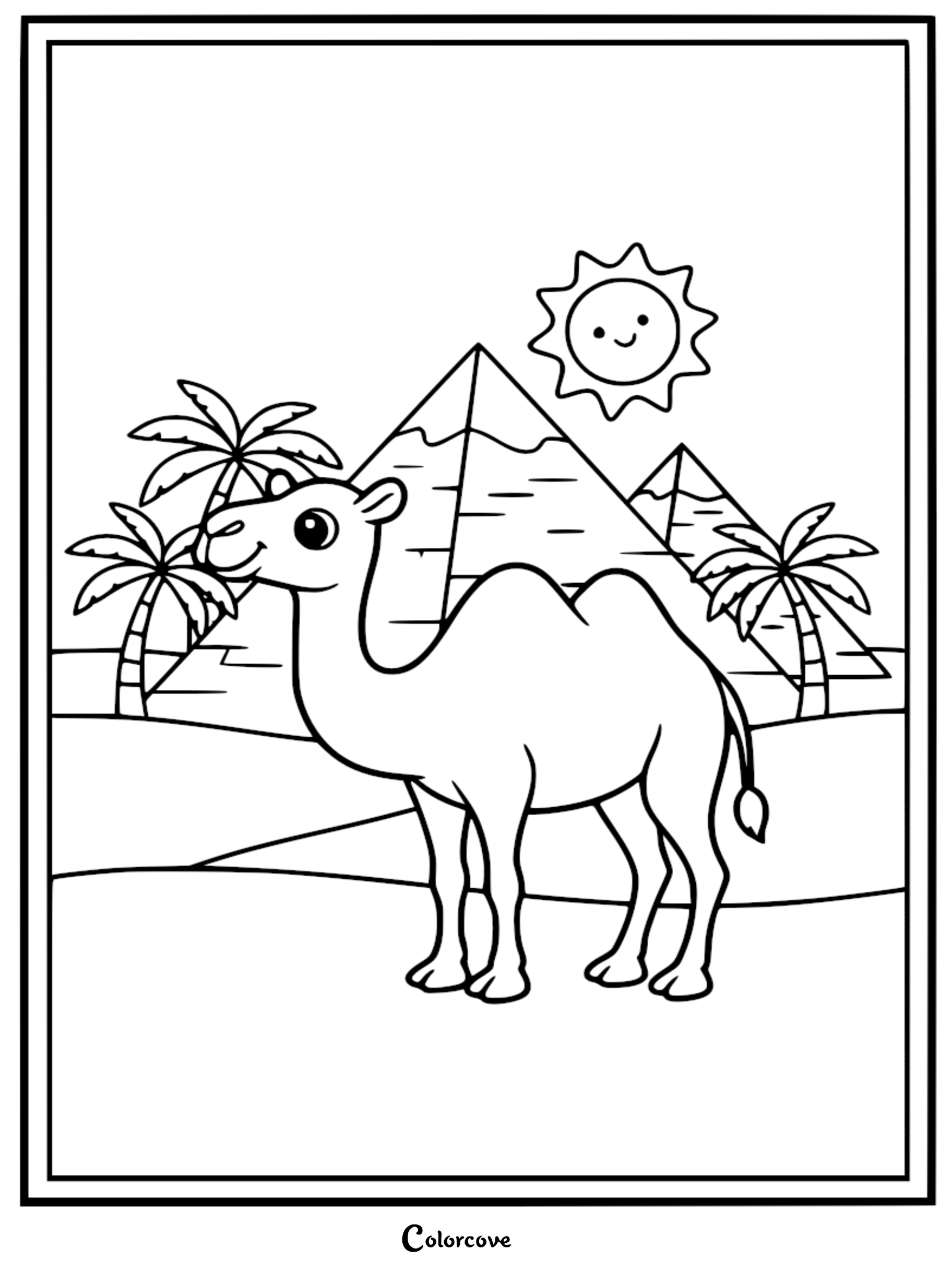 Engage your child's creativity with this free printable cute camel coloring page, featuring a friendly camel in a scenic desert landscape with pyramids and palm trees. Perfect for fun educational activities and animal lovers of all ages.