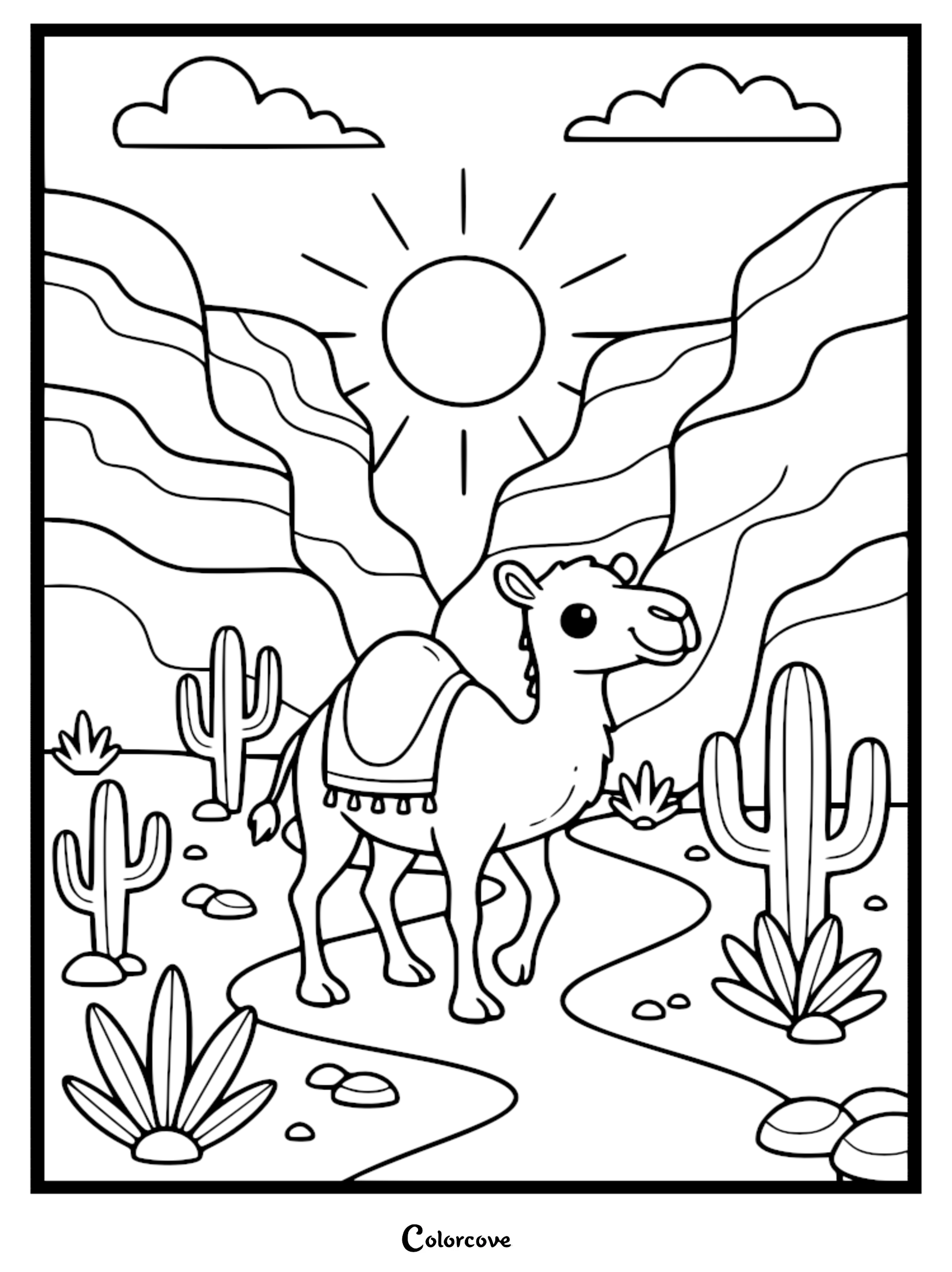 Download and print this adorable cute camel coloring page featuring a happy camel walking through a sunny desert. It's a fun and educational activity for kids to explore their creativity with desert-themed art.