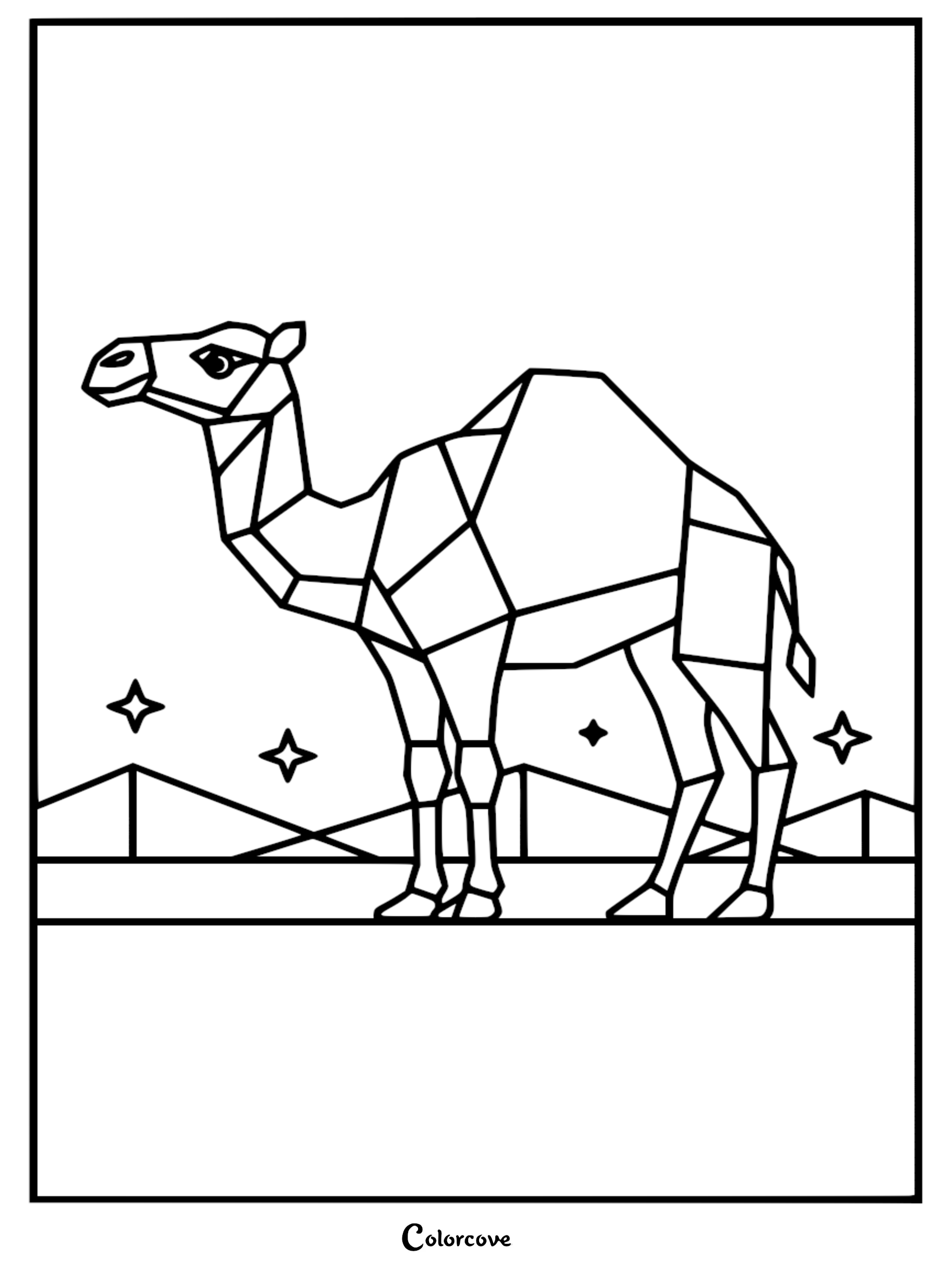 Enjoy a modern twist on a classic desert animal with this free geometric cute camel coloring page. This printable polygonal illustration is perfect for children to develop their creativity and fine motor skills.