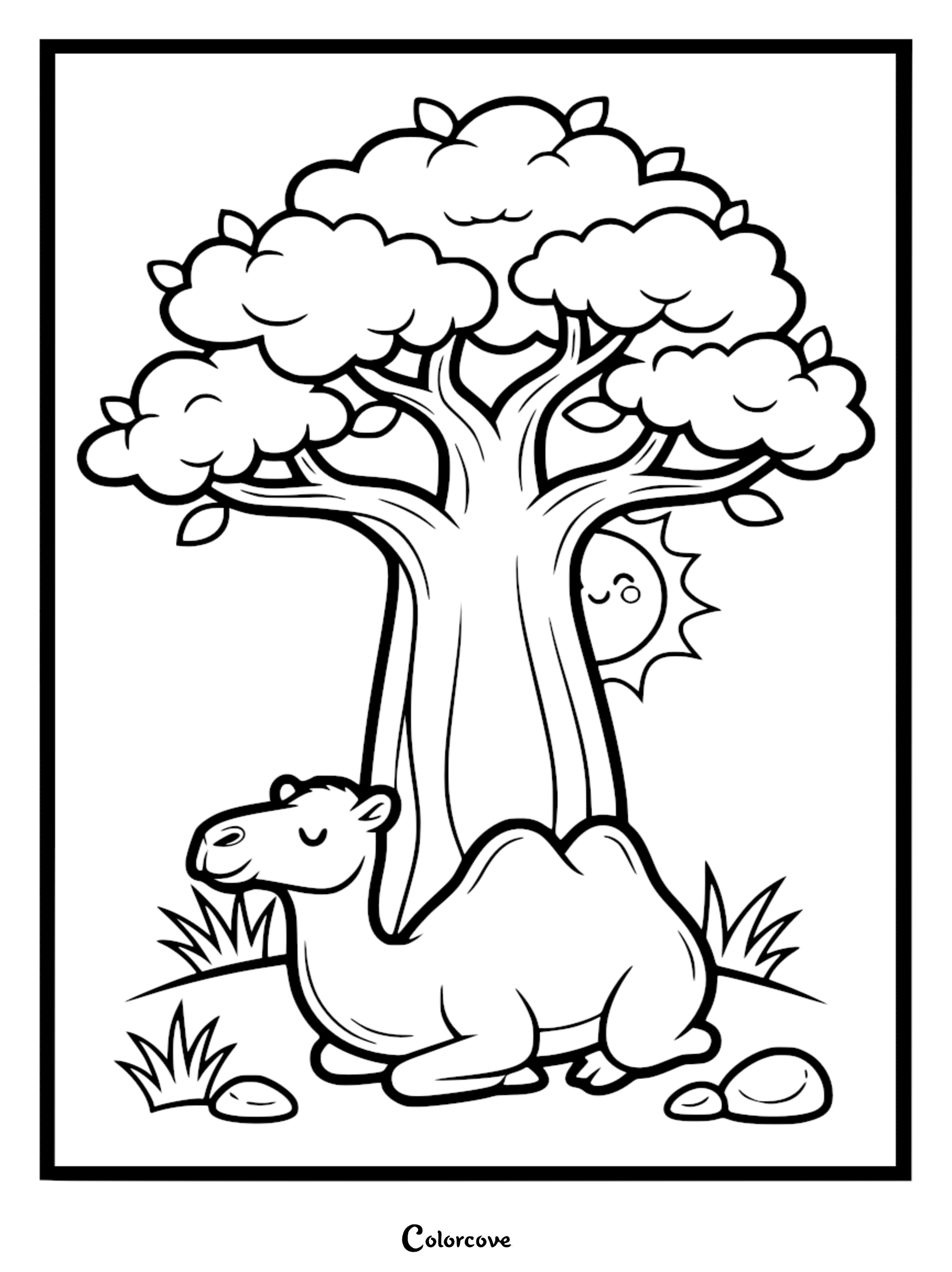 Download and print this free cute camel coloring page featuring a peaceful camel resting under a big shady tree. It is a perfect creative activity for kids who love animals and the desert.