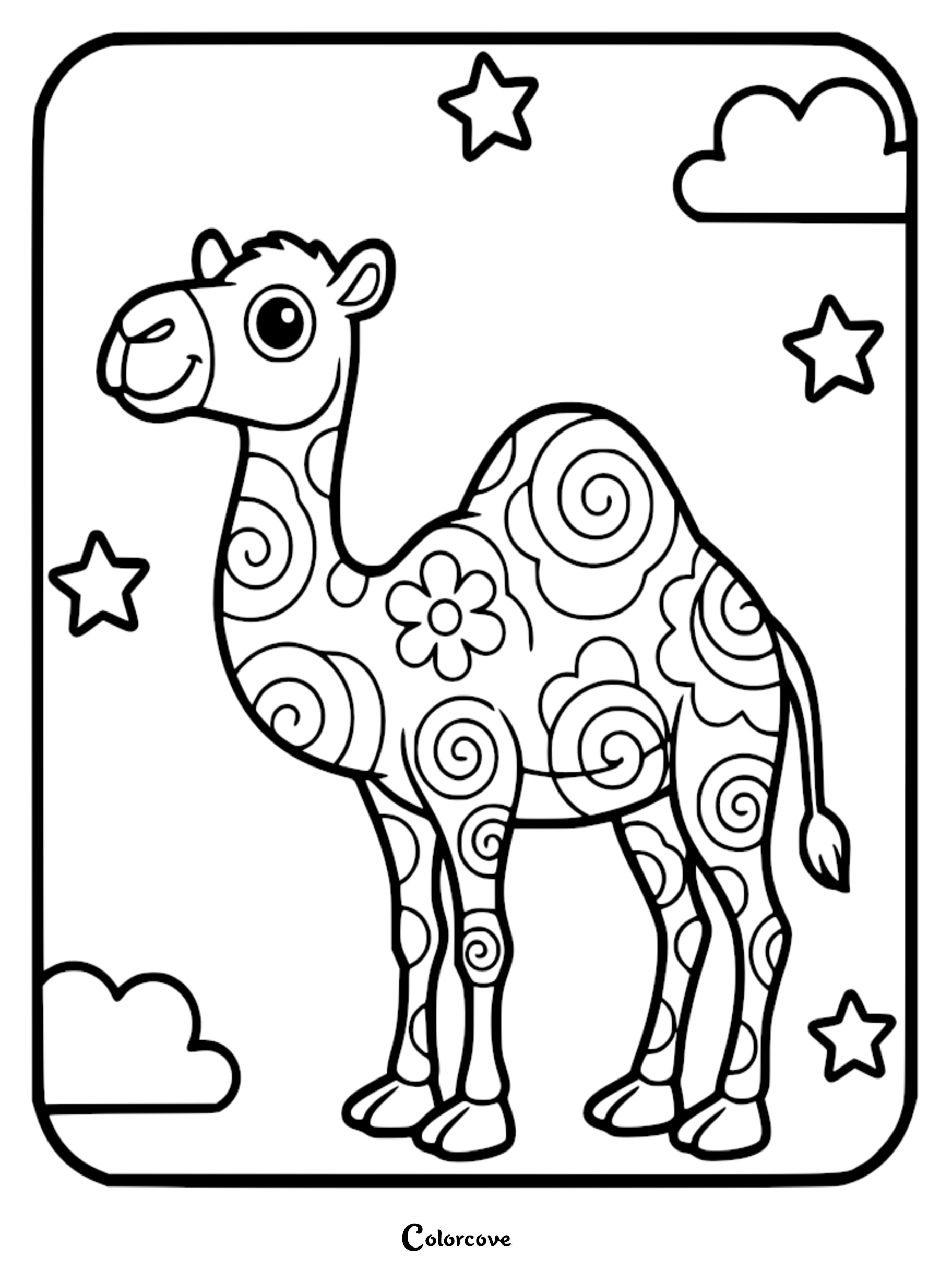 Download and print this adorable patterned camel coloring page for a creative desert adventure. Perfect for kids, this free printable features fun designs and stars to spark imagination.