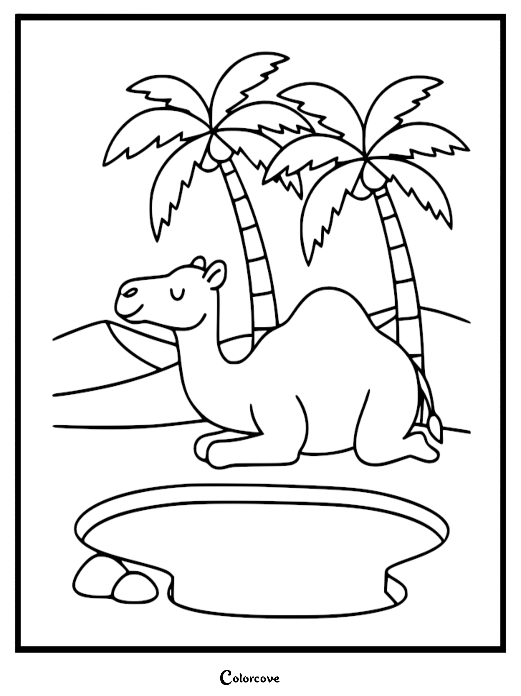 Bring this cute camel to life with our free printable coloring page featuring a peaceful desert oasis scene. It is a perfect, high-quality activity for kids who love desert animals and nature.