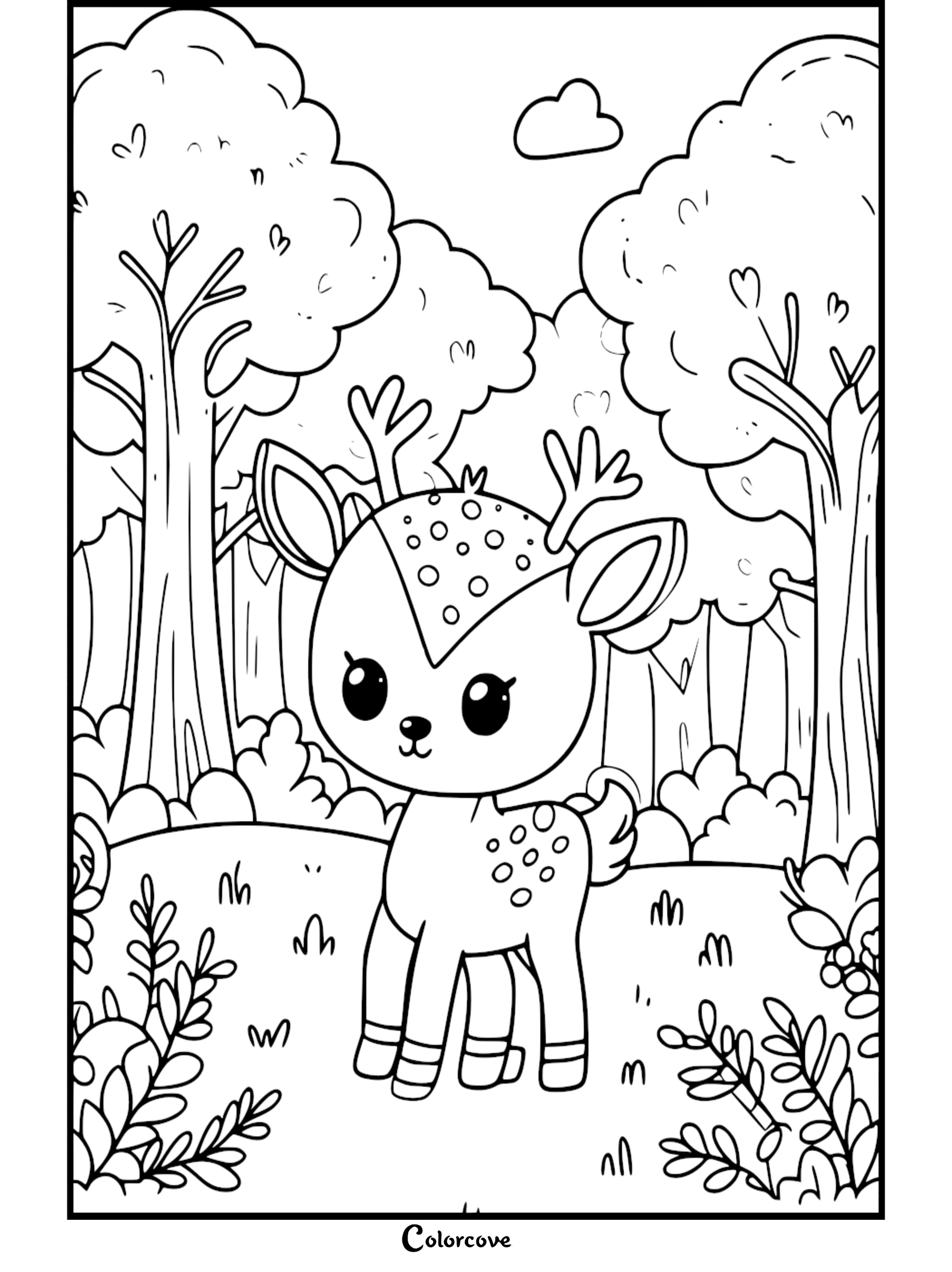 Cute baby deer in a forest - printable coloring page. Perfect for kids' coloring activities. Visit colorcove.org for more.