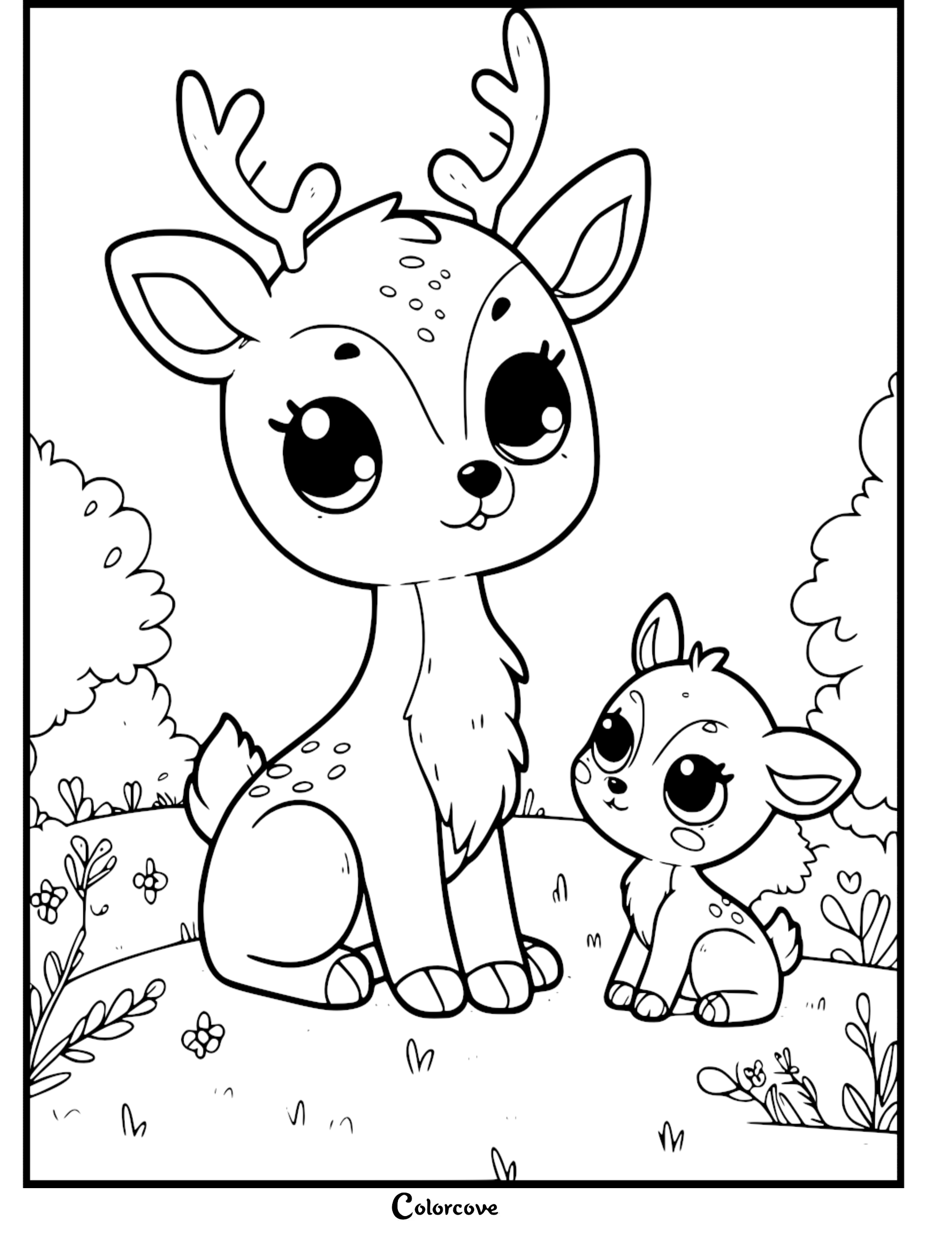 Adorable deer and fawn coloring page, perfect for kids. Free printable animal coloring sheets at colorcove.org.