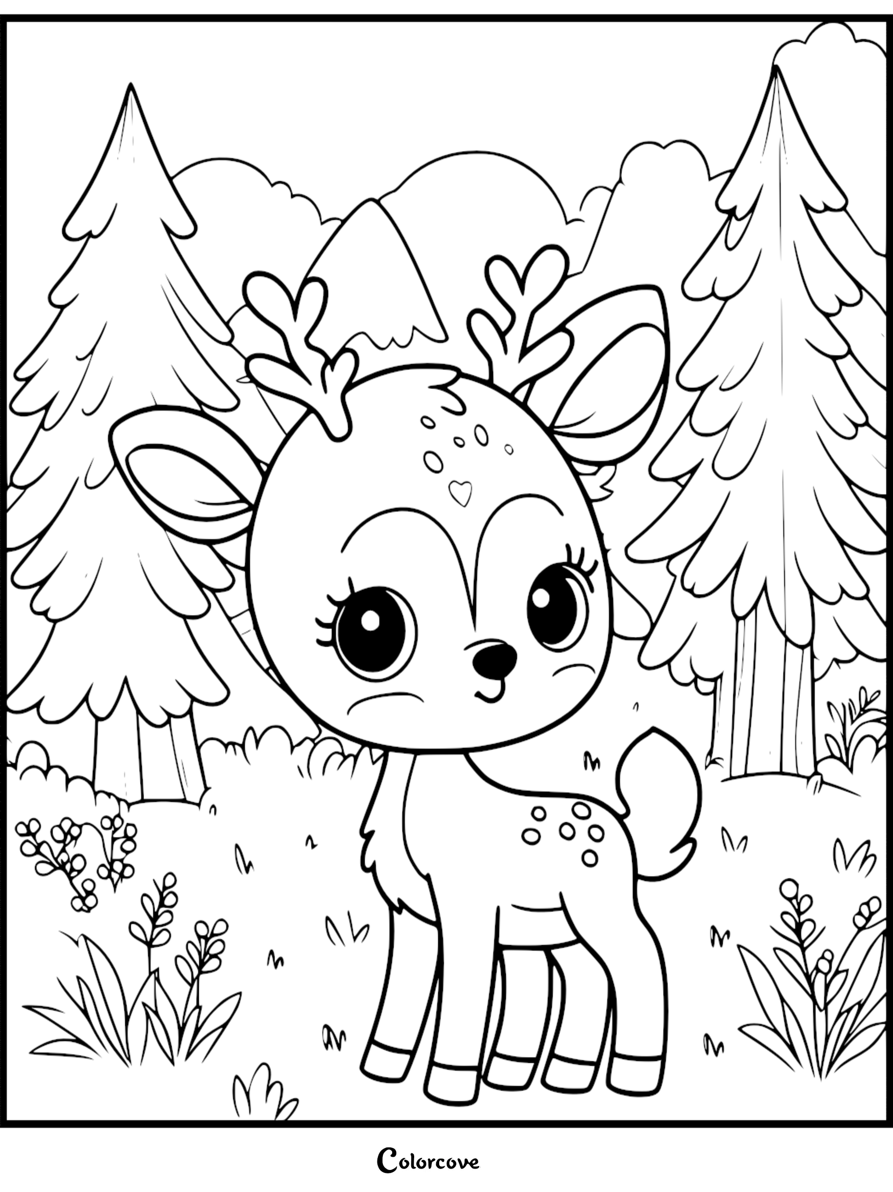 Cute baby deer coloring page for kids, featuring a forest background with trees and plants for coloring fun.