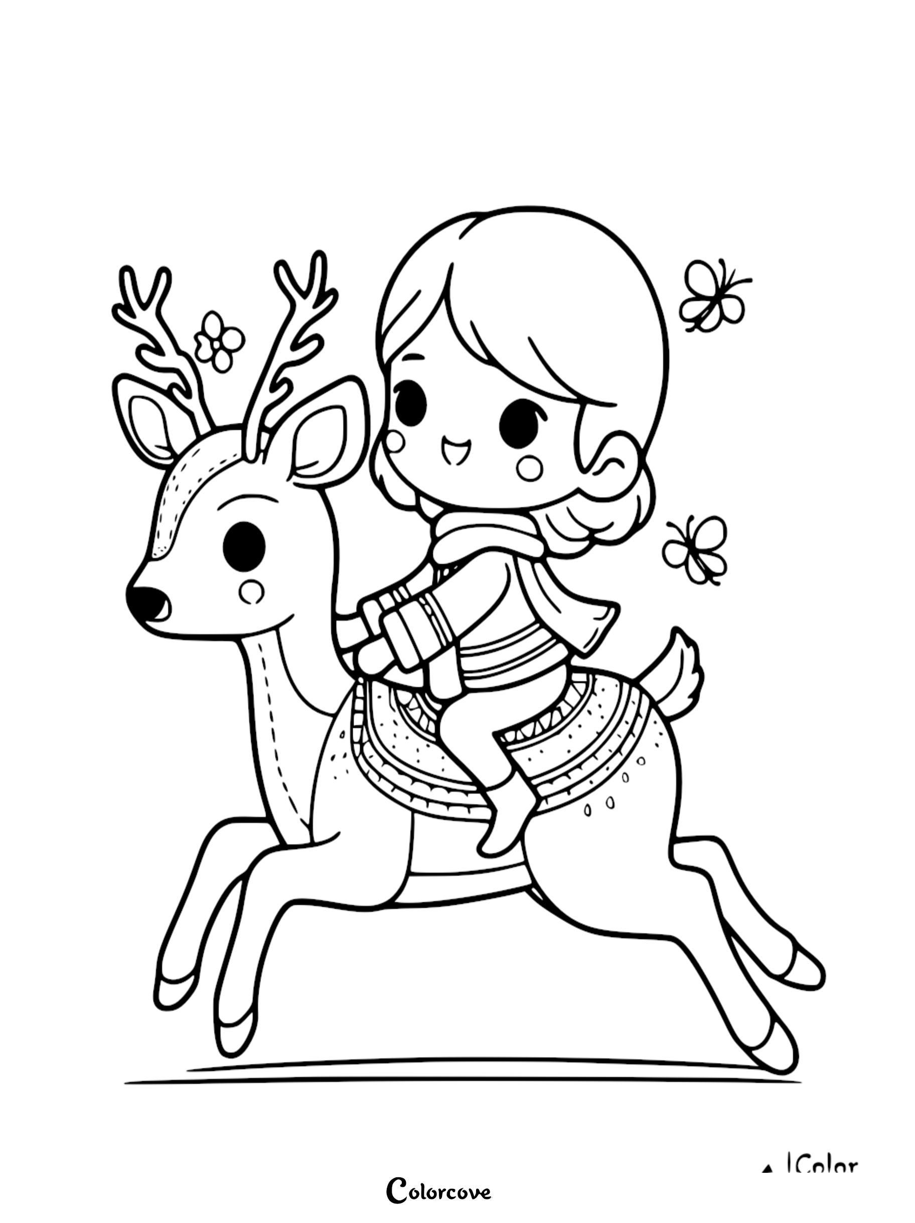 Child coloring page of a happy child riding a reindeer with two butterflies, ideal for holiday-themed creativity from Color Cove.