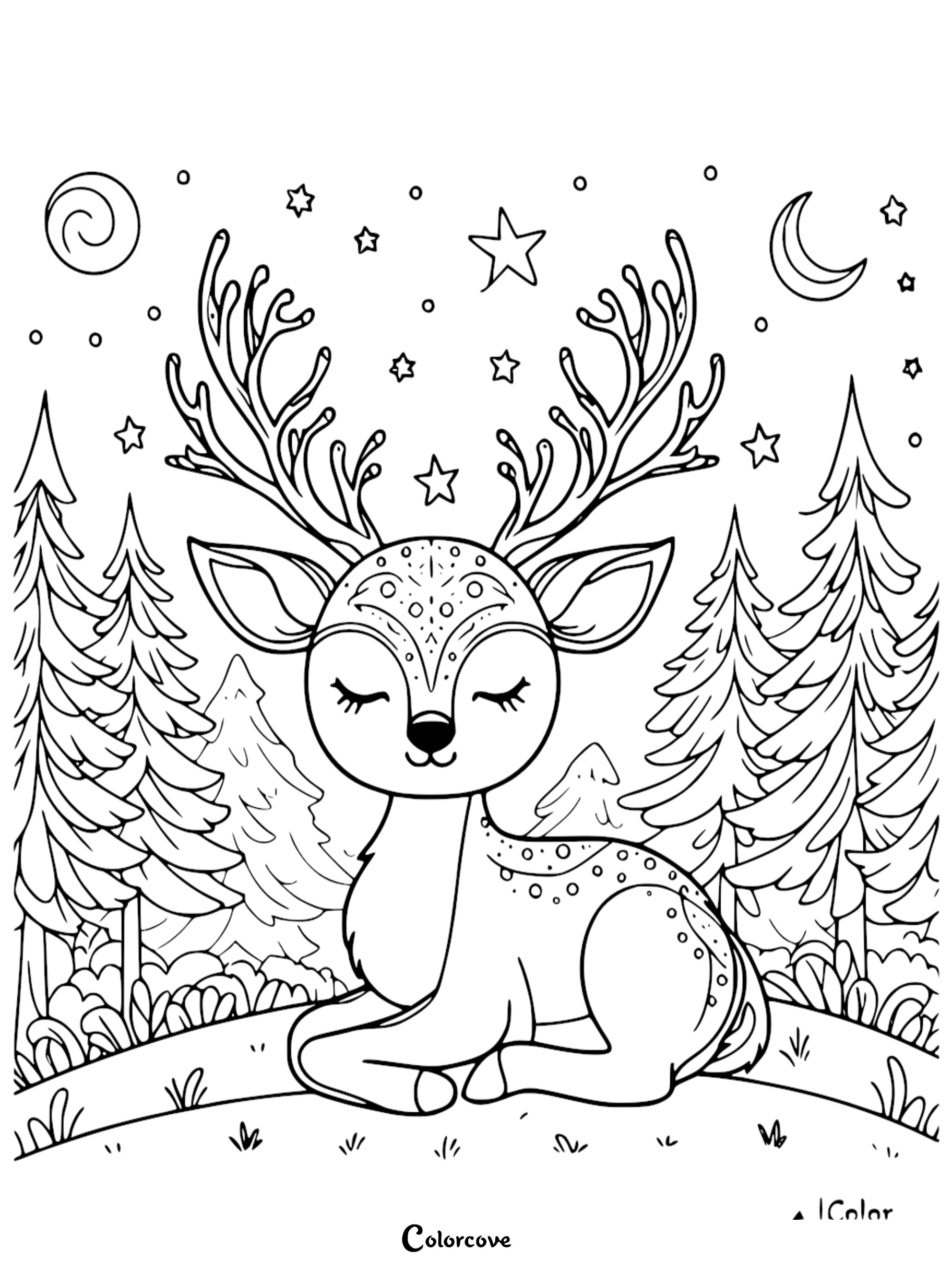 Cute baby deer coloring page with antlers, stars, and a moon in a forest setting. Perfect for kids to color and enjoy!