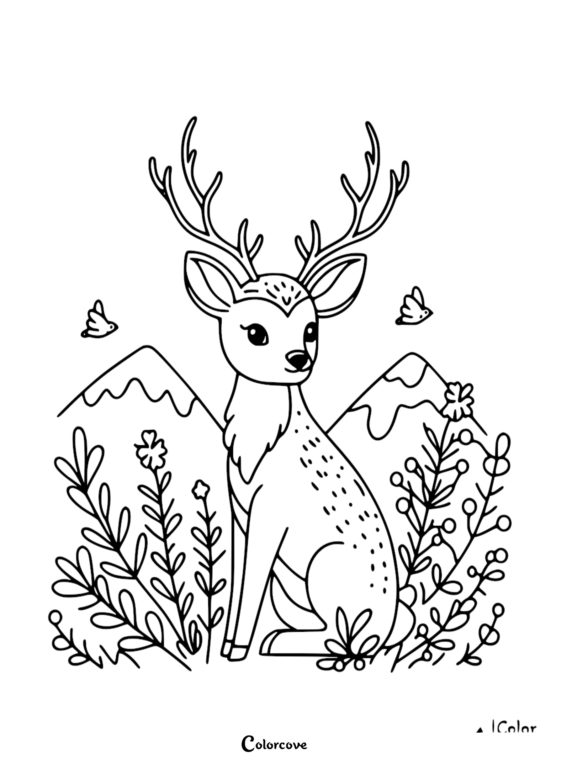 Coloring page of a deer with antlers sitting among flowers and mountains, perfect for kids to color and enjoy.