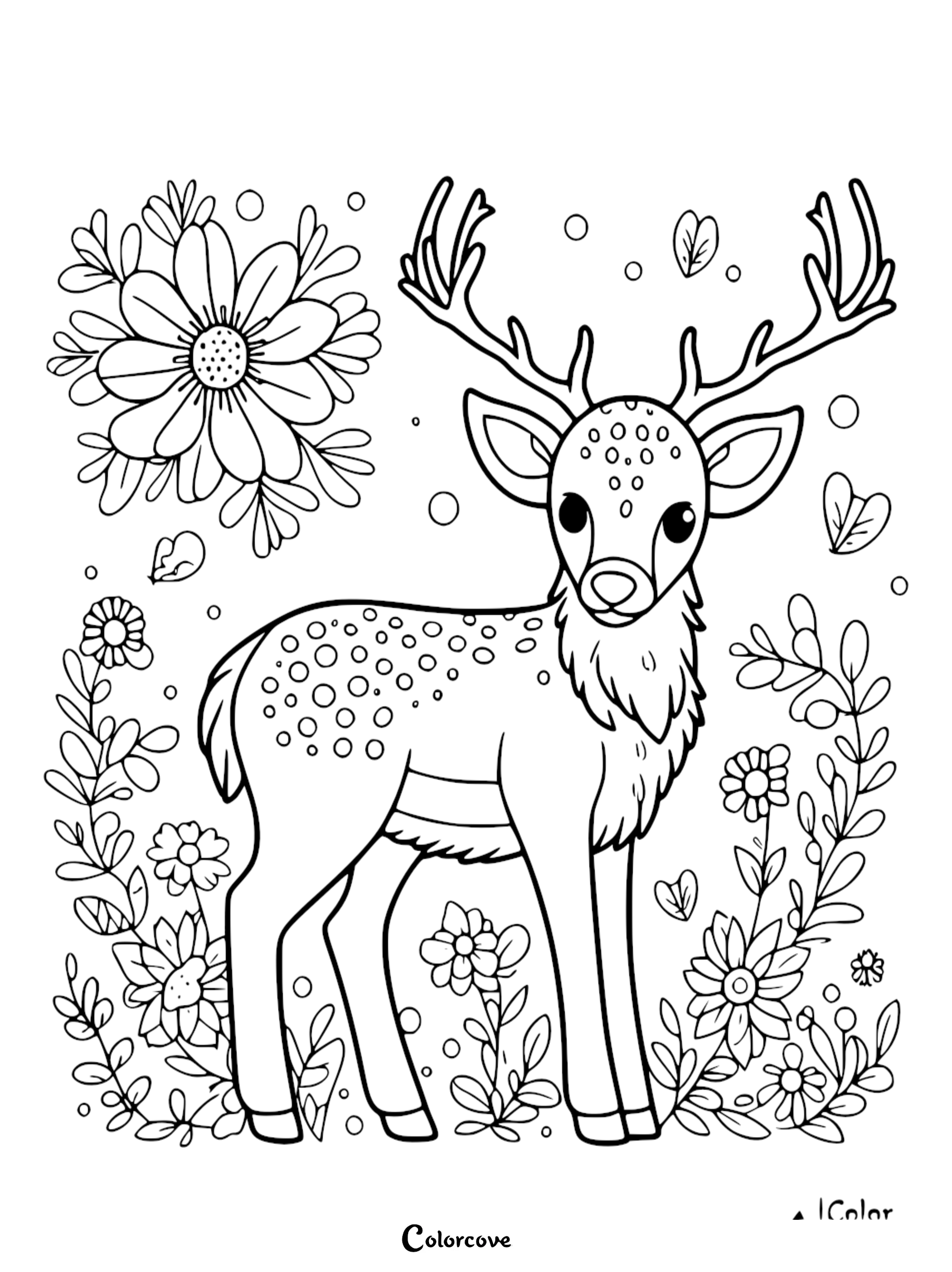 Coloring page of a cute deer surrounded by flowers and leaves, perfect for kids and adults who love nature and animals.