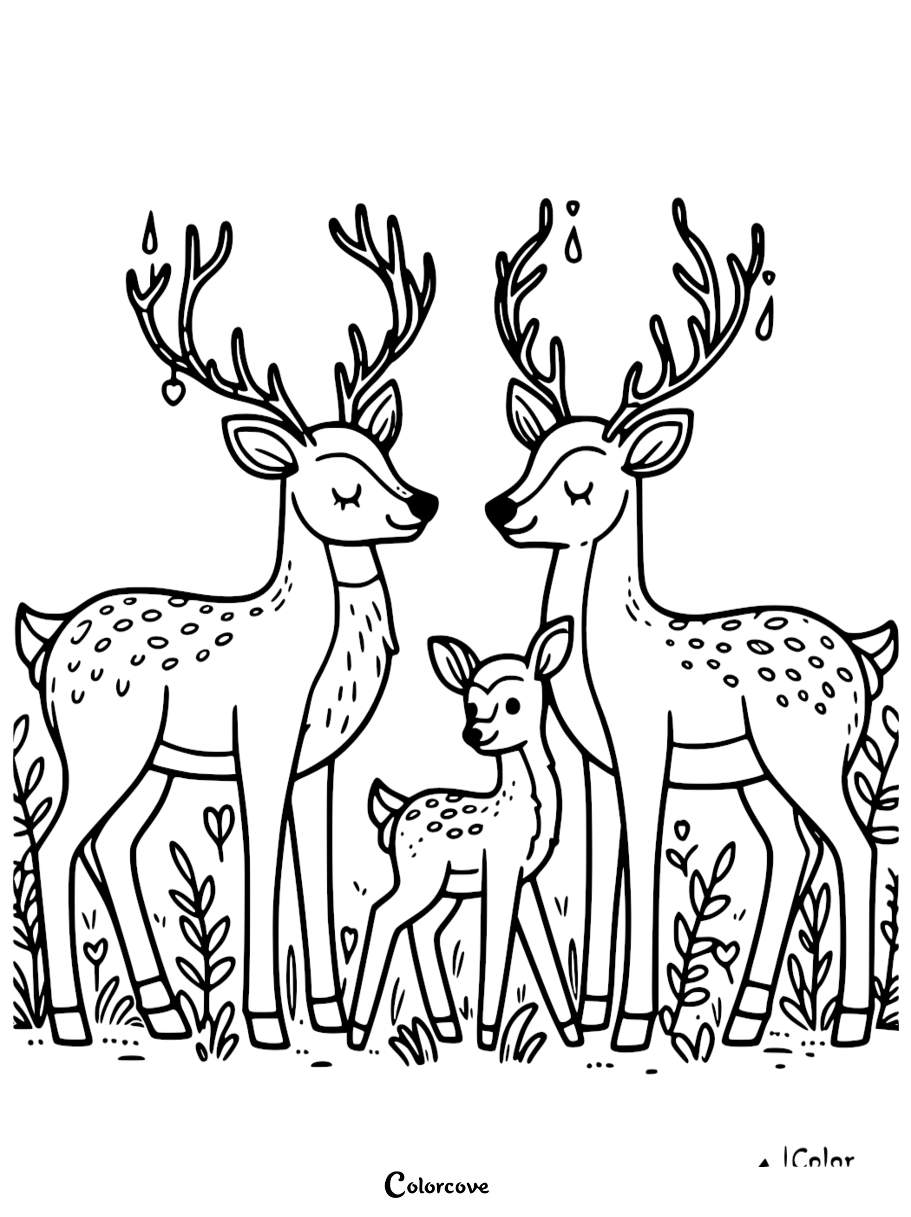 Family of three deer in a forest, featuring intricate antlers and foliage to color. Perfect for nature-themed coloring.