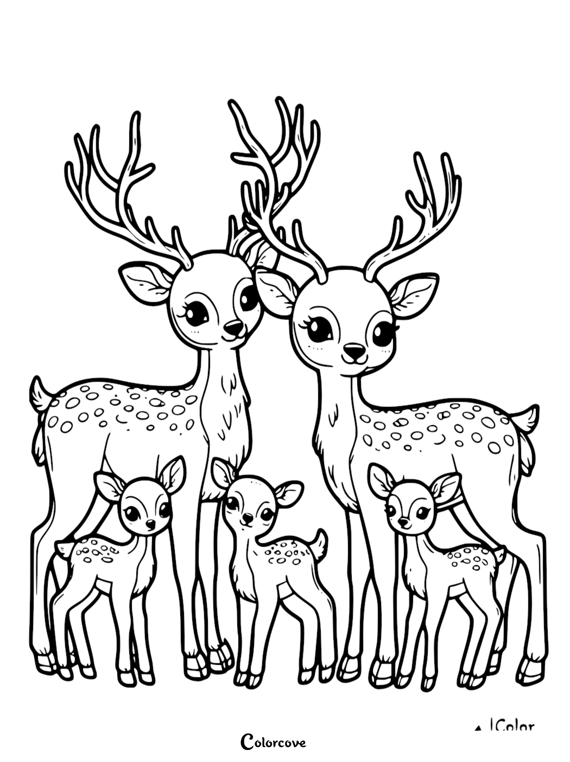 Coloring page featuring a family of deer with antlers and fawns, perfect for kids to color and enjoy.