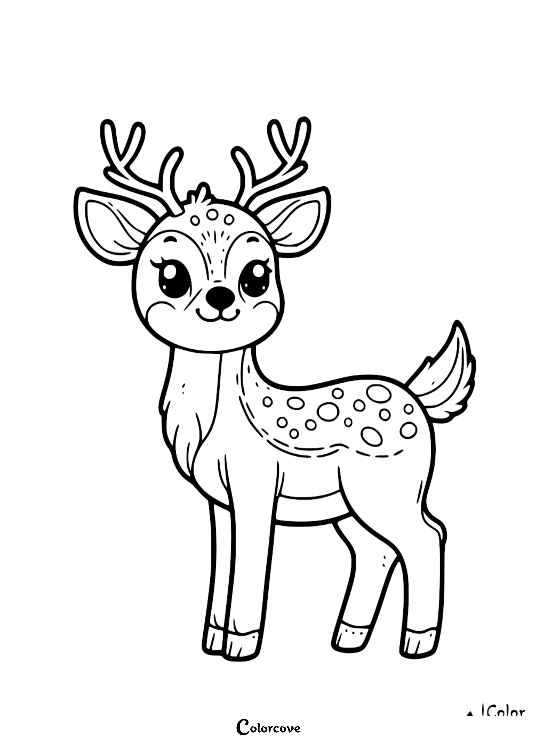 Cute deer coloring page for kids, featuring an adorable deer with antlers and spots. Perfect for fun, creative coloring!